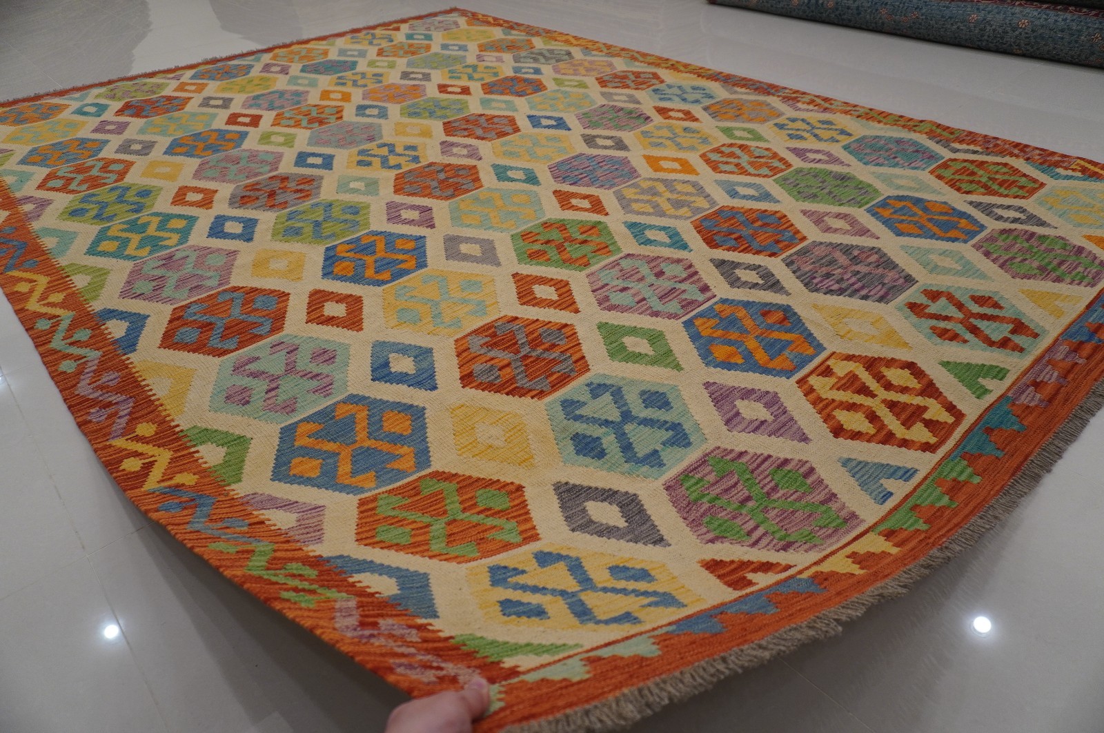 8×11 ft Beige Afghan Handmade Geometric Wool Kilim Area Rug (8’2″x11’6″)