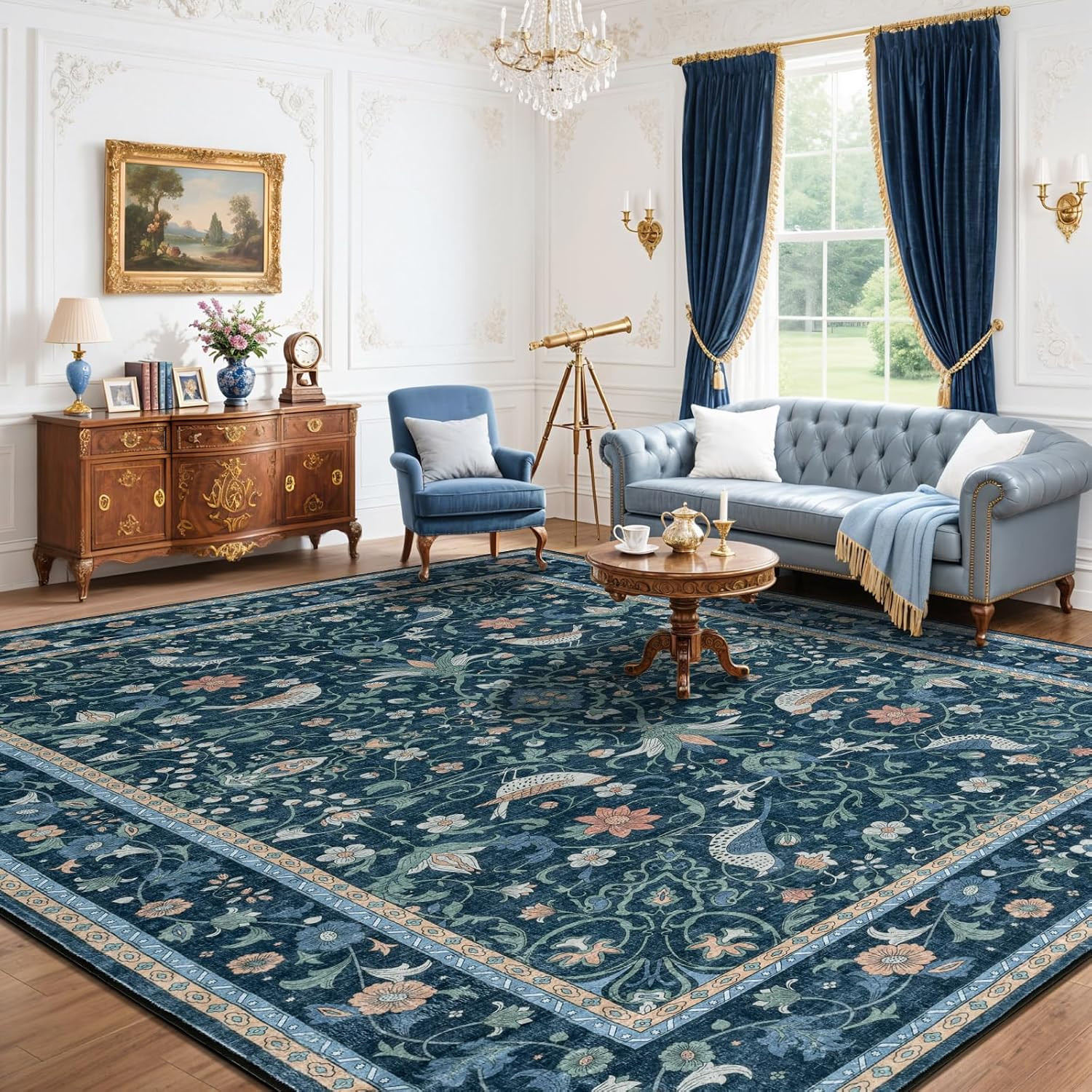 Blue Area Rugs for Living Room 8×10, Vintage Floral 8×10 Washable Rugs for Livin