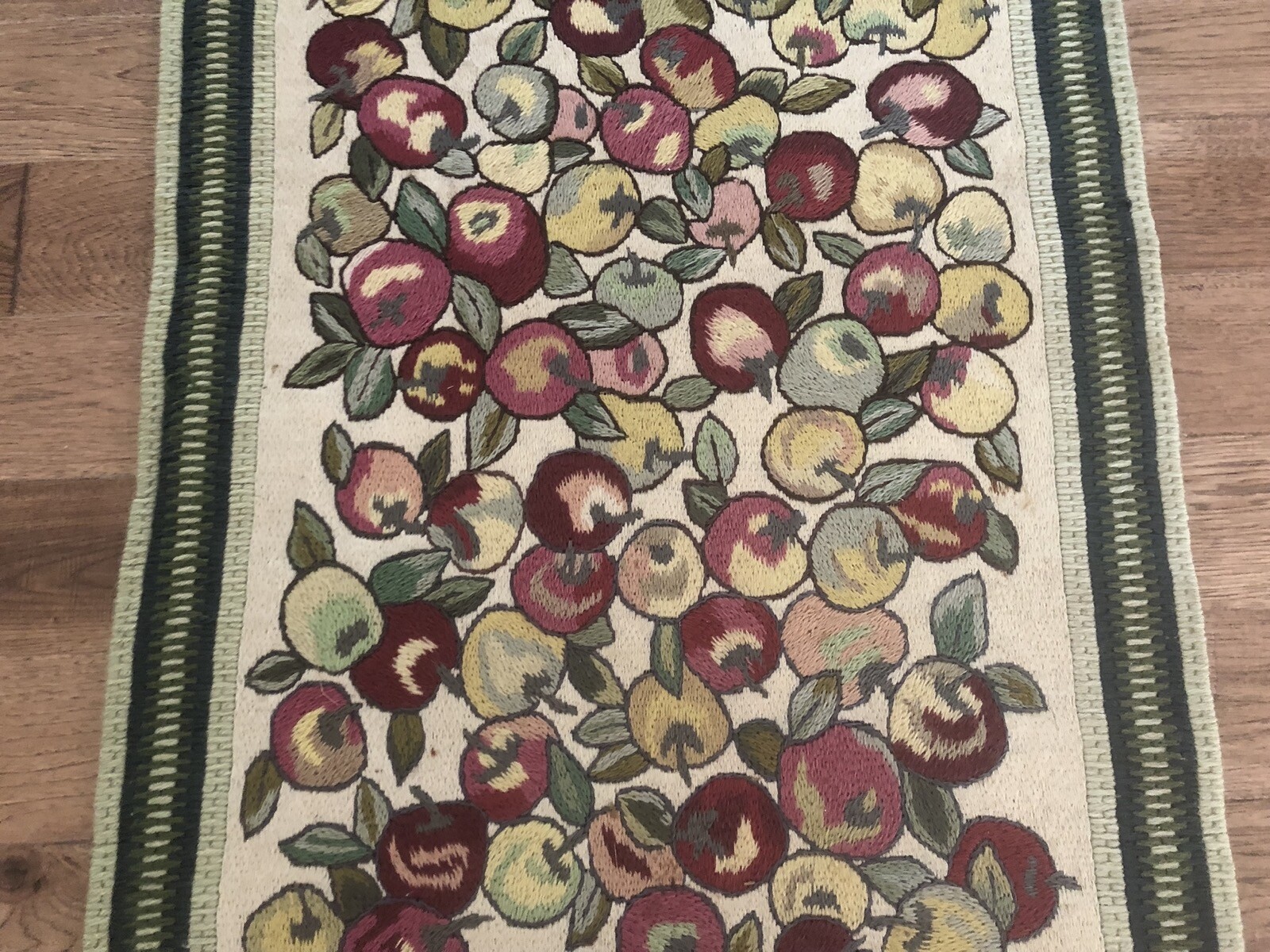 Vintage Hand Made Embroidered Needlework Rug with Fruits Field and Green Border