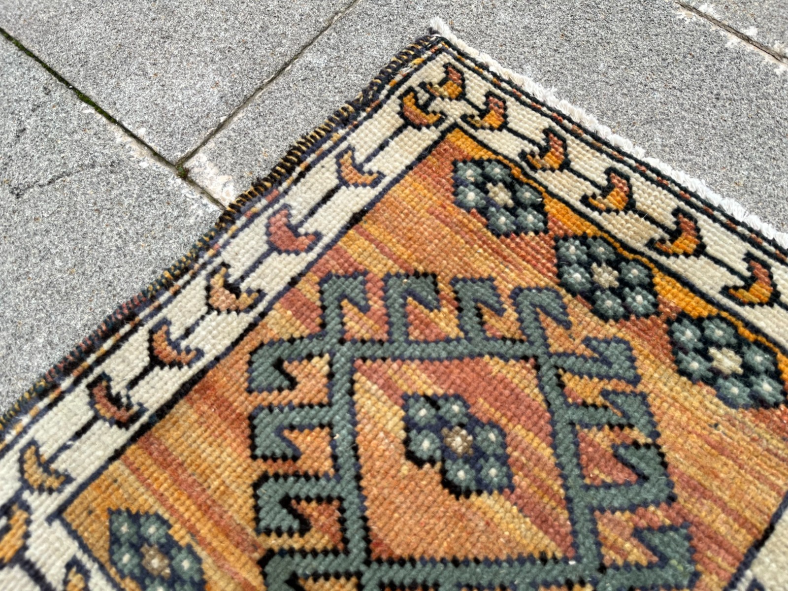 1.2×1.4 ft Vintage Oushak Mini Rug Orange Sage Green Tribal Accent