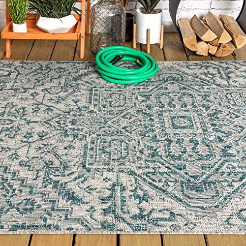 Teal Gray Indoor Outdoor Rug Rectangular 5X7 Stain Resistant Pet Friendly