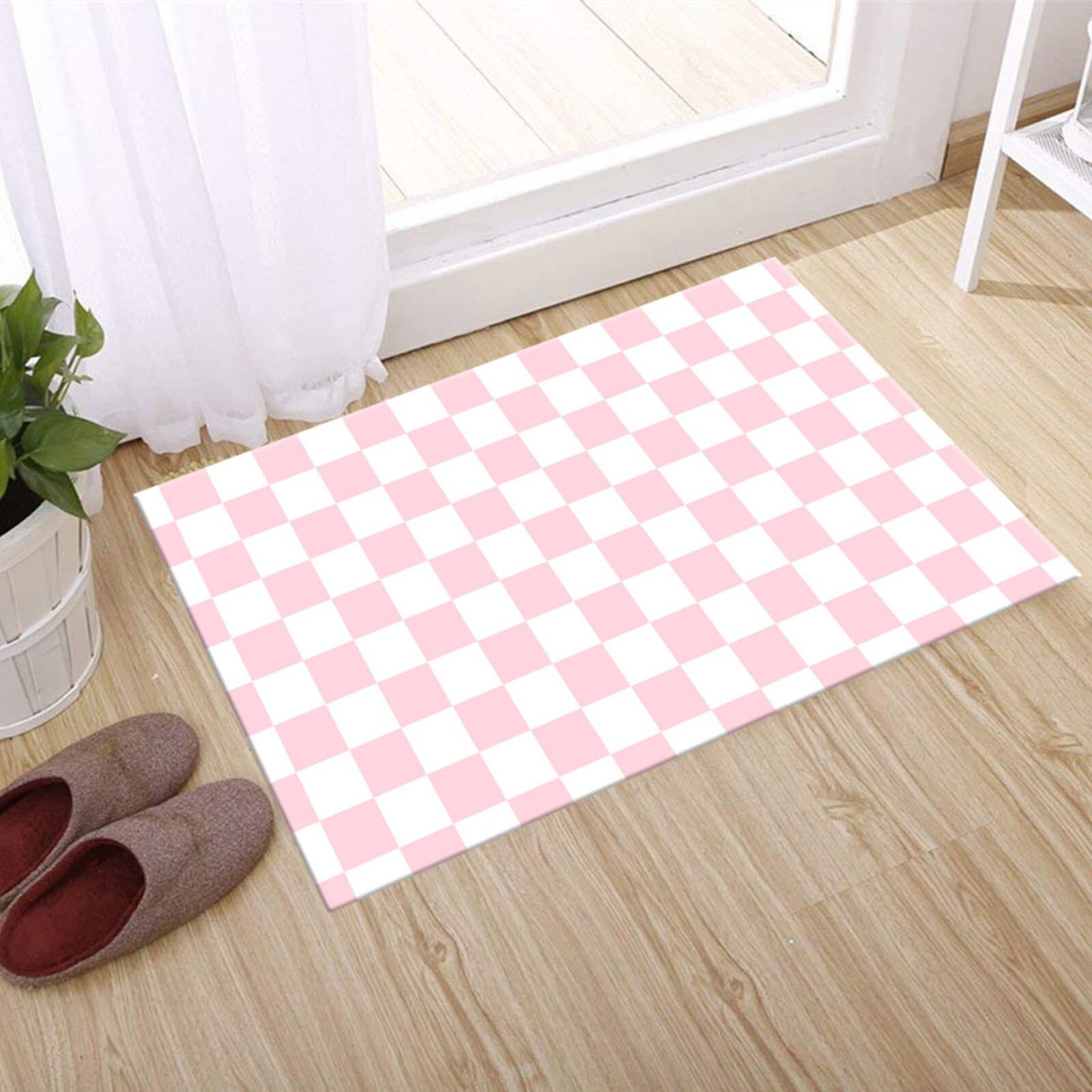 Modern Abstract Checkered Pink Area Rugs Kitchen Bedroom Living Room Floor Mat