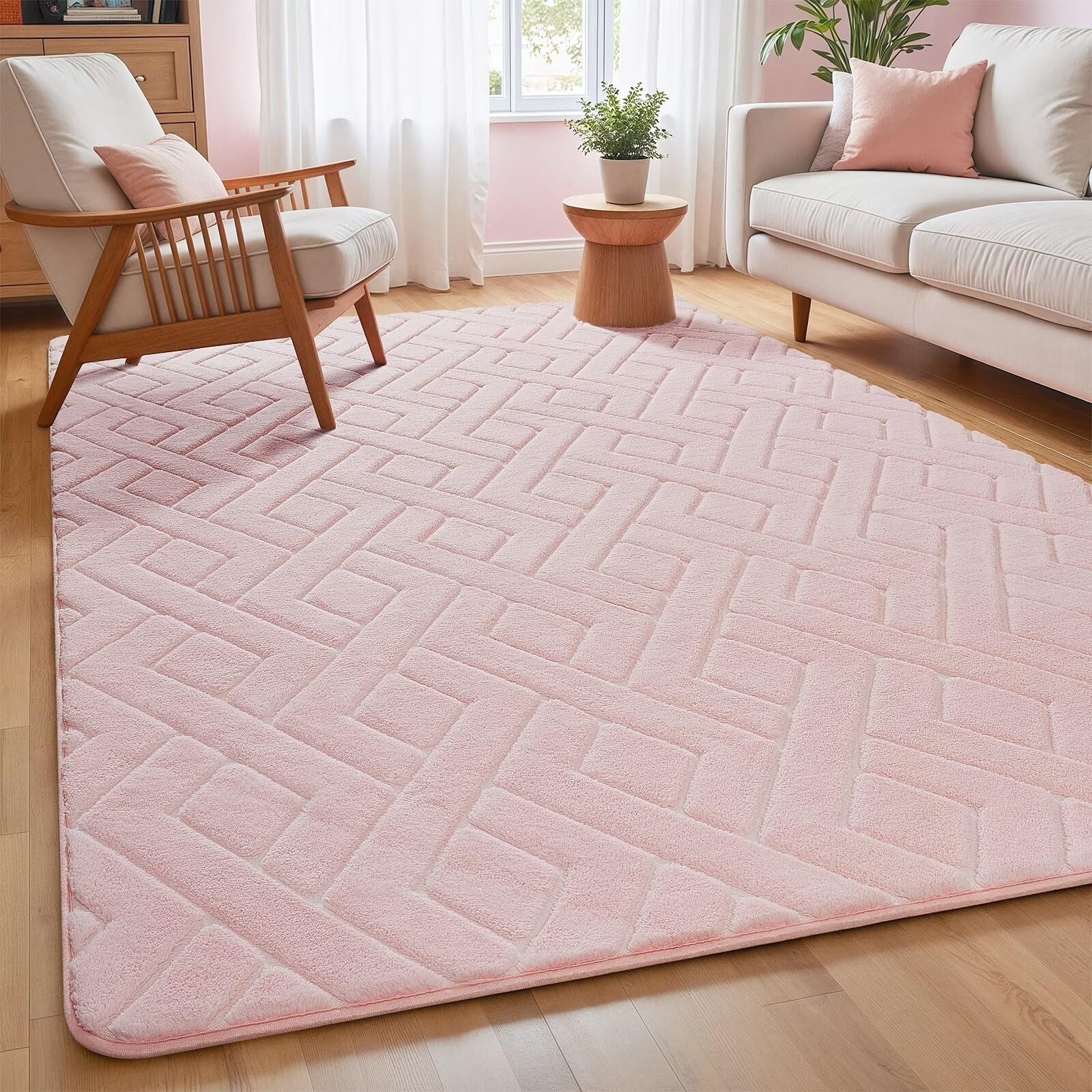 Ultra Soft Pink Area Rug for Living Room, 5×7 Modern Geometric Shag Rugs with…