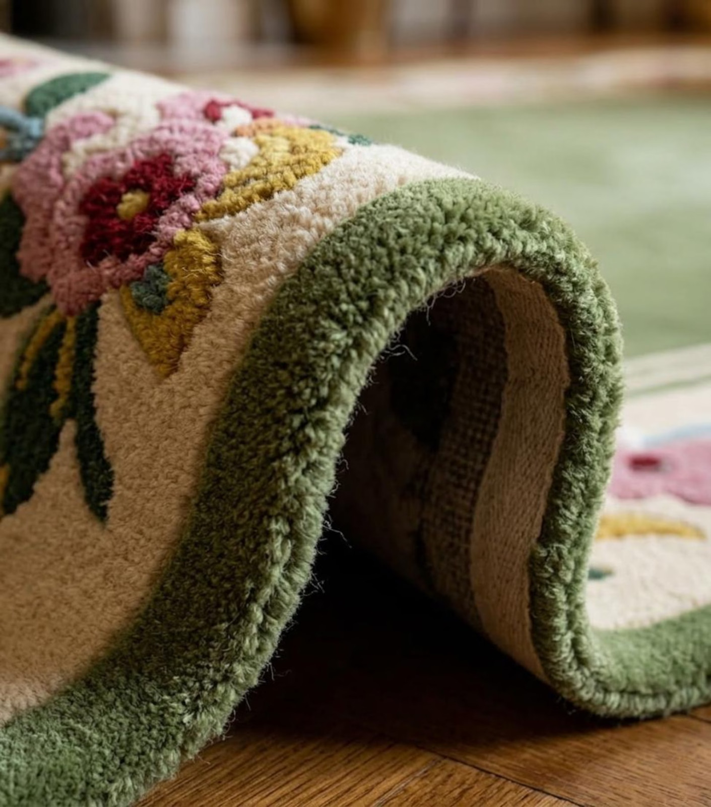 Hand Tufted Wool Area Rug Green Scalloped Border Floral Vintage Cottage Carpets