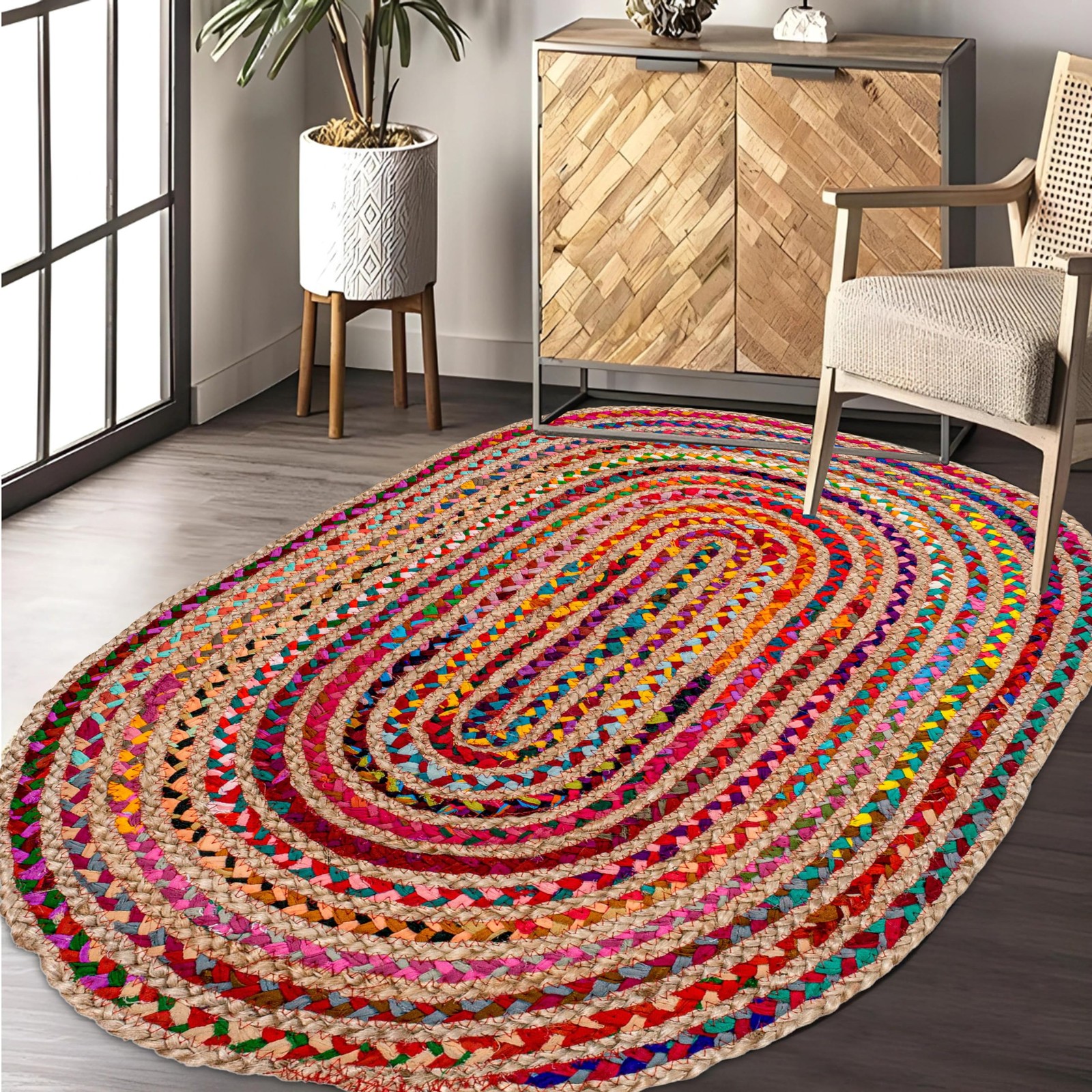 Oval Jute Cotton Chindi Rug 3’x5′ – Multicolor Braided Area Rug for Living Ro…