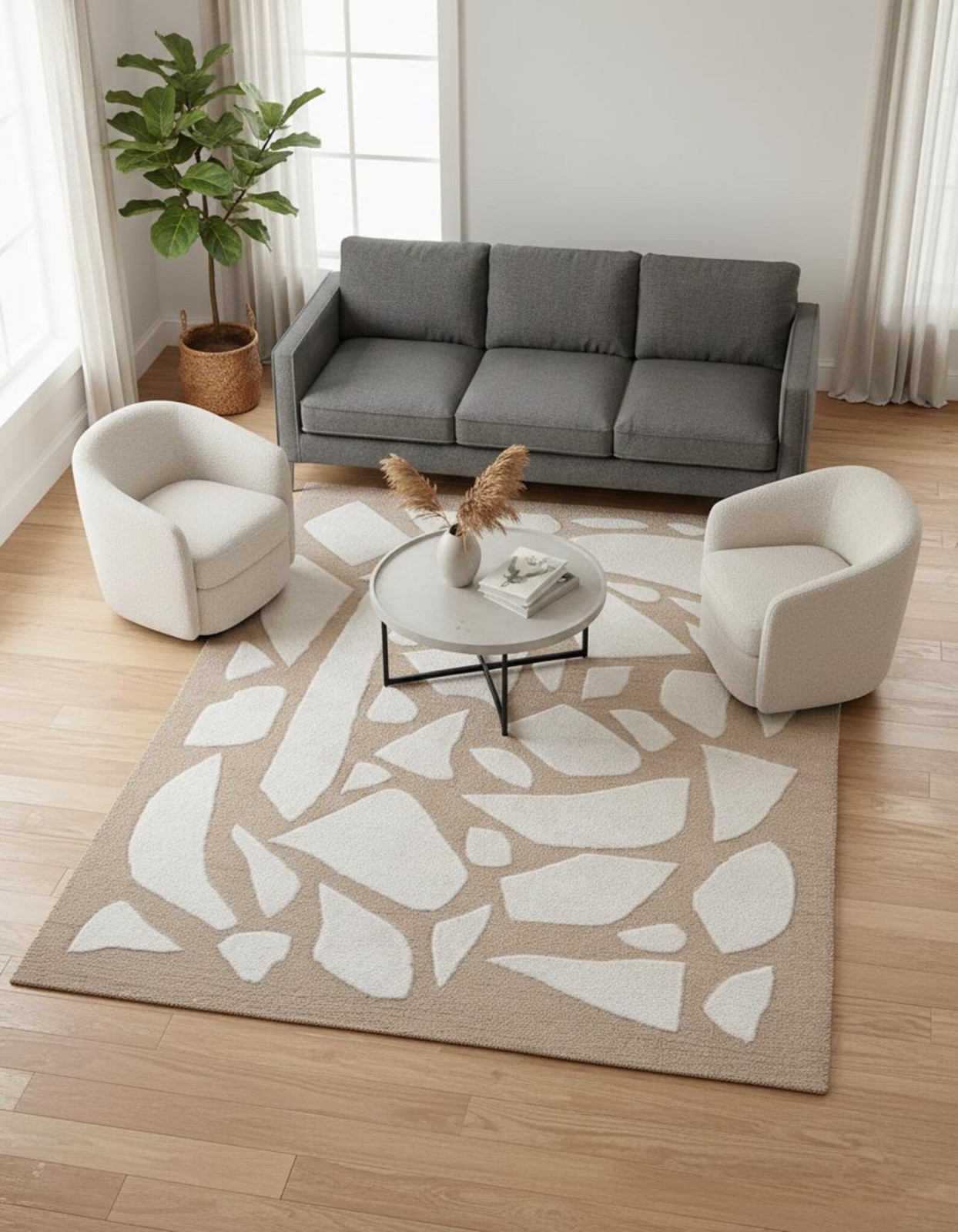 Hand Tufted Abstract Rug, Beige White Modern Area Rug, Neutral Geometric Carpet.