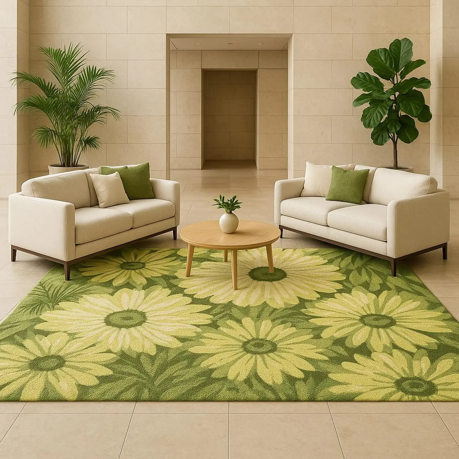 Hand-Tufted Loop Pile Daisy Floral Rug – Green & Yellow Bloom Pattern Carpet Rug