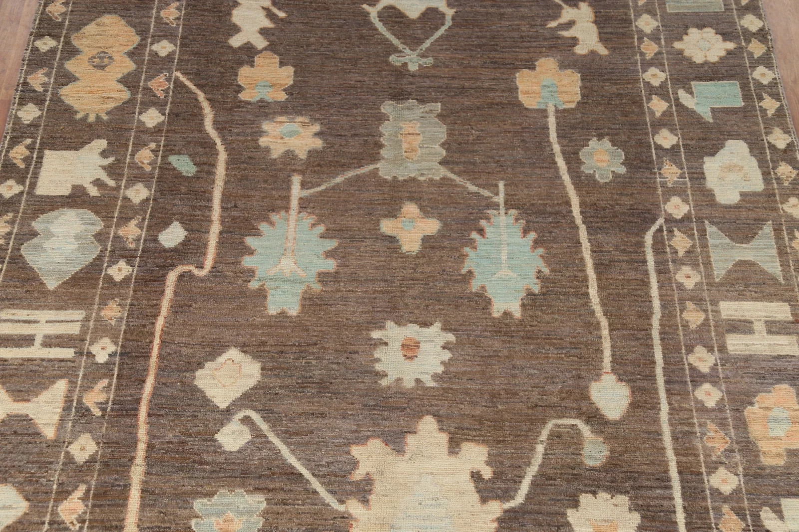 Hand Knotted Oushak Rug Brown Blue Wool Area Rug Tribal Geometric Turkish