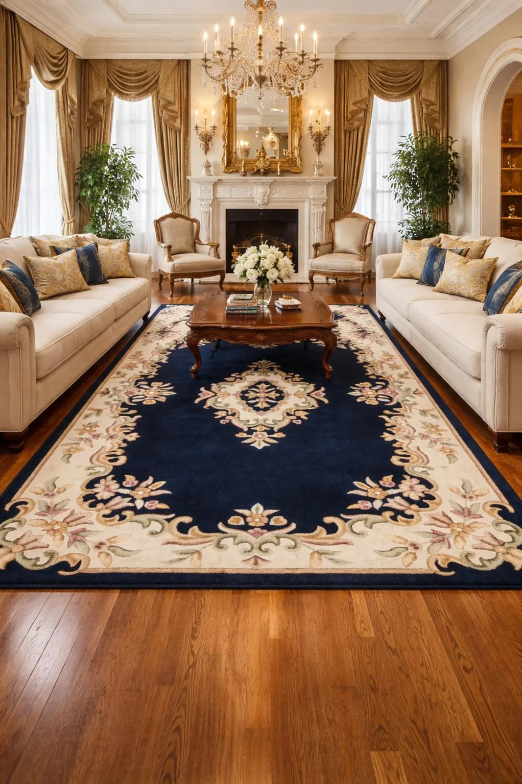 Dark Blue Ivory Abushan Rug – Hand Tufted Wool Area Rug – Navy Floral Medallion