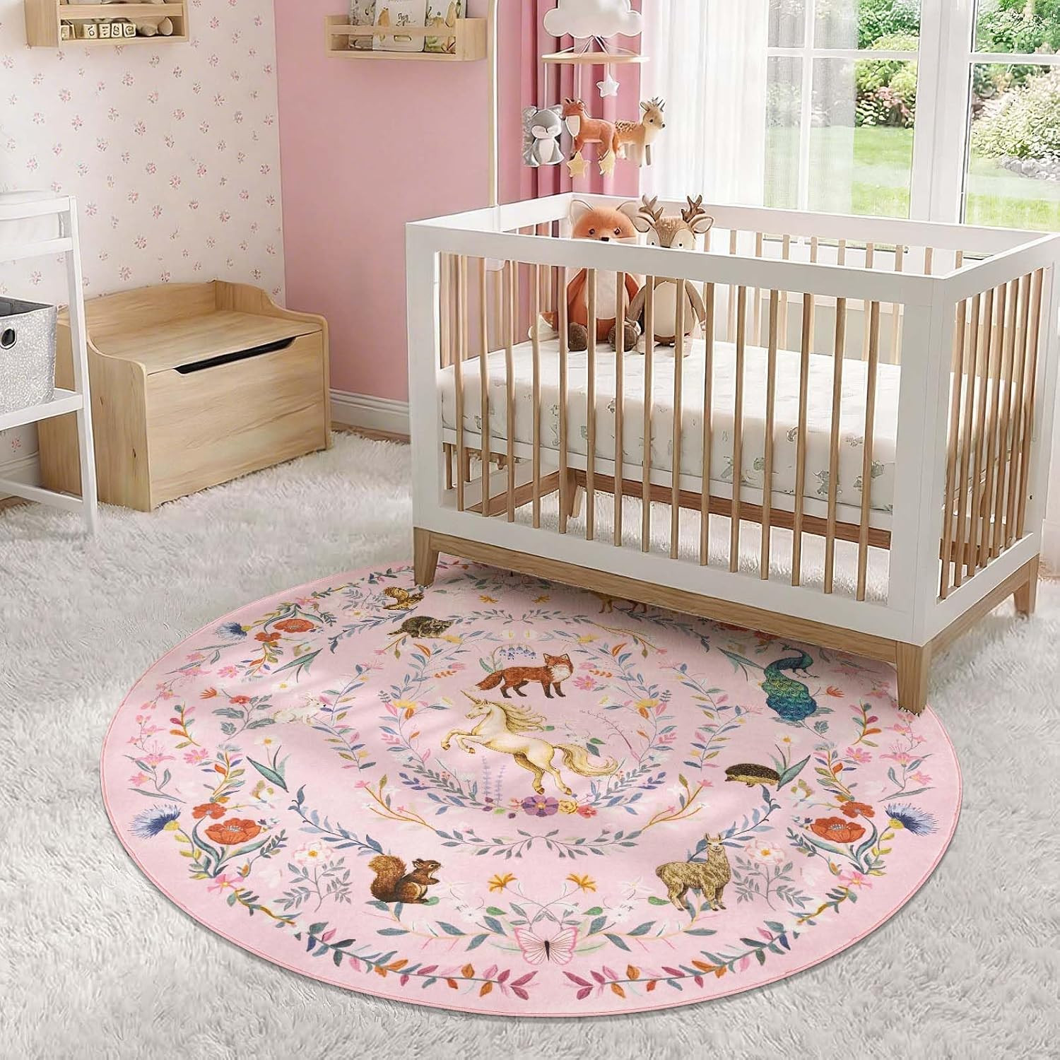 5Ft round Rug Washable Kids Rug Whimsical Playroom, Lavender Pink | Soft and Com