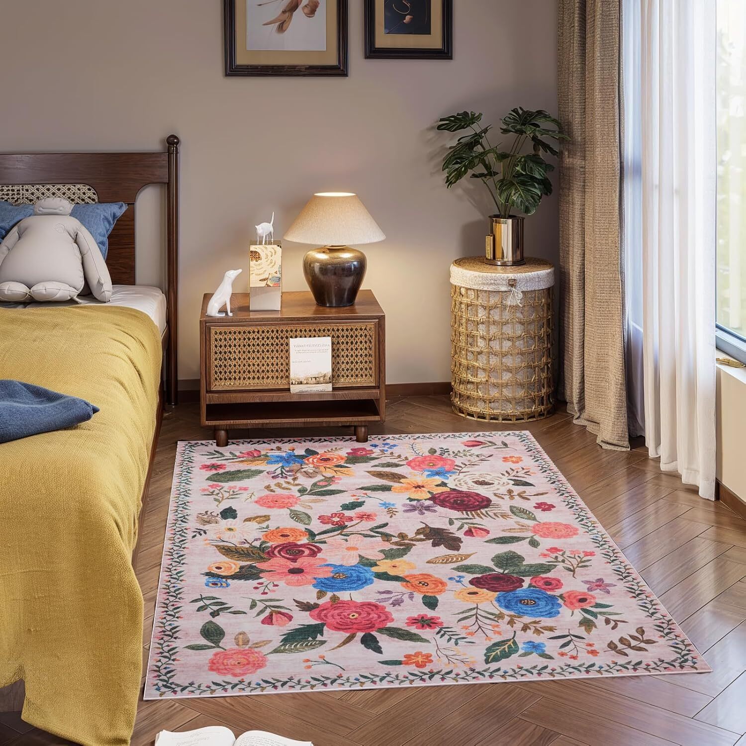4×6 Washable Boho Floral Area Rug Non Slip Low Pile Green Carpet for Bedroom