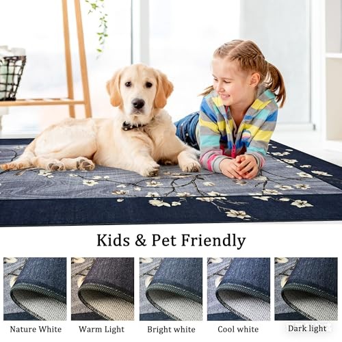 5×7 Area Rugs for Living Room, Washable Oriental Floral 5×7 Feet Navy Blue
