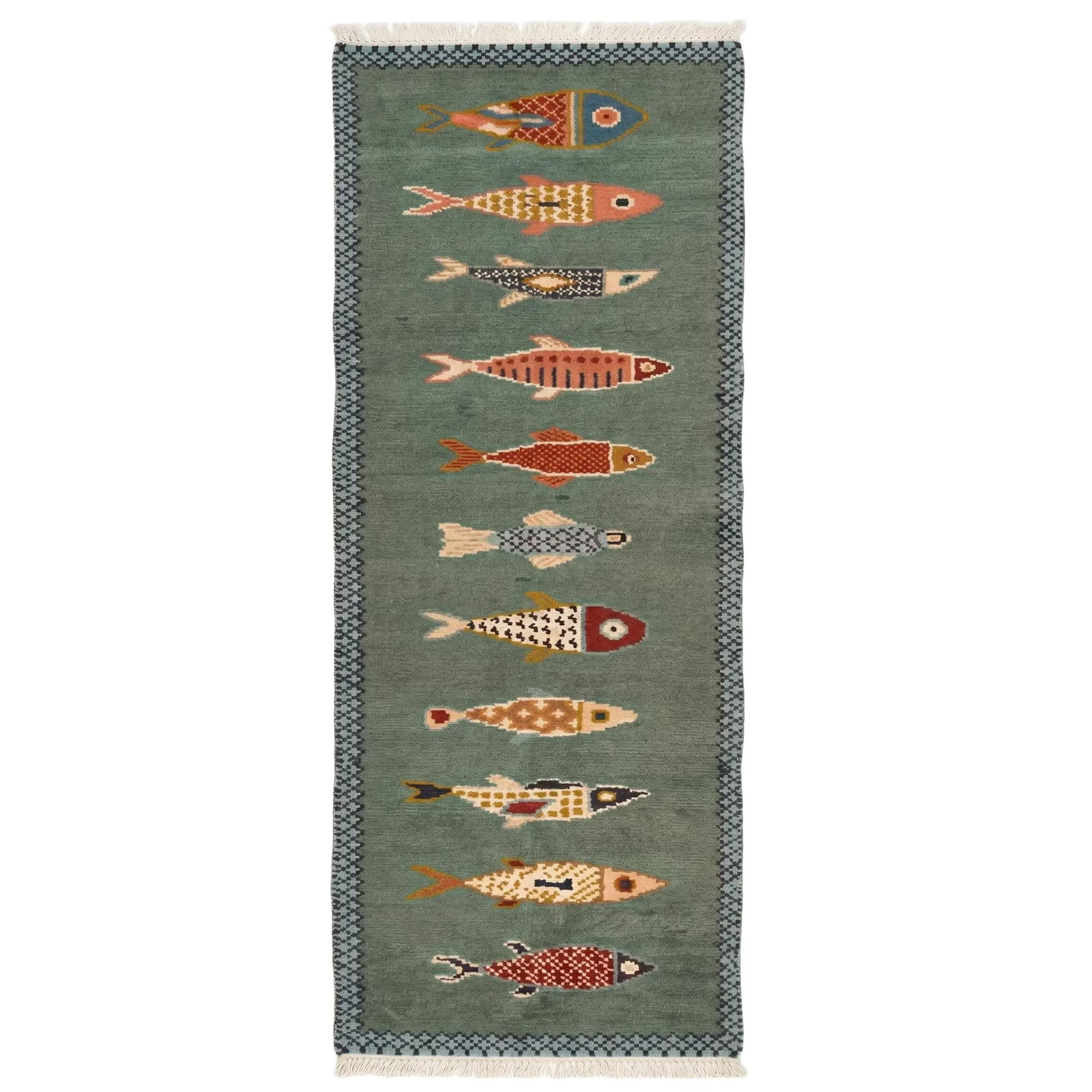 Koi Fish Runner Rug: Green Colourful Carpet Handmade Wool Area rug in 2×8