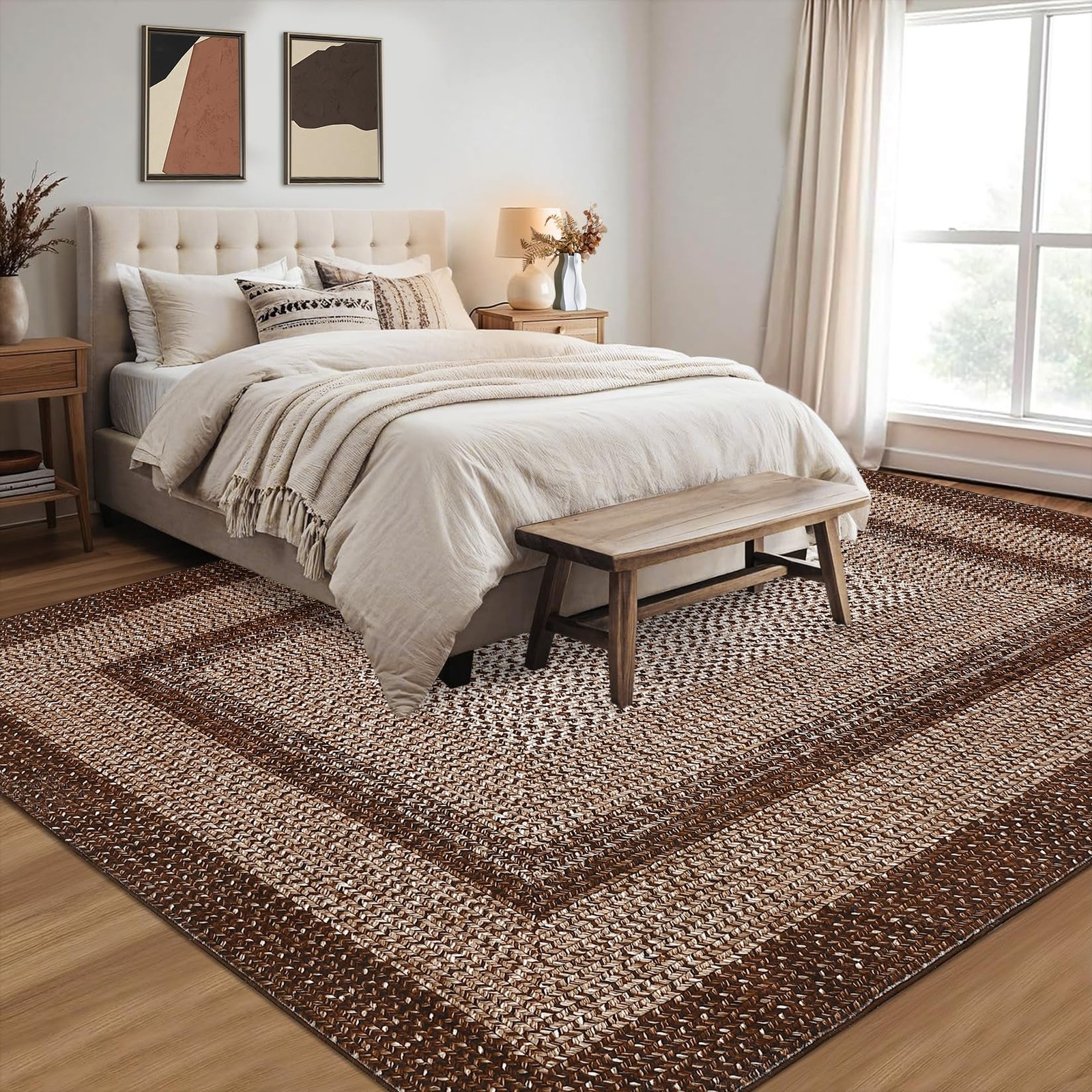 RUGSREAL 5×7 Brown Boho Braided Area Rug Washable Non Slip