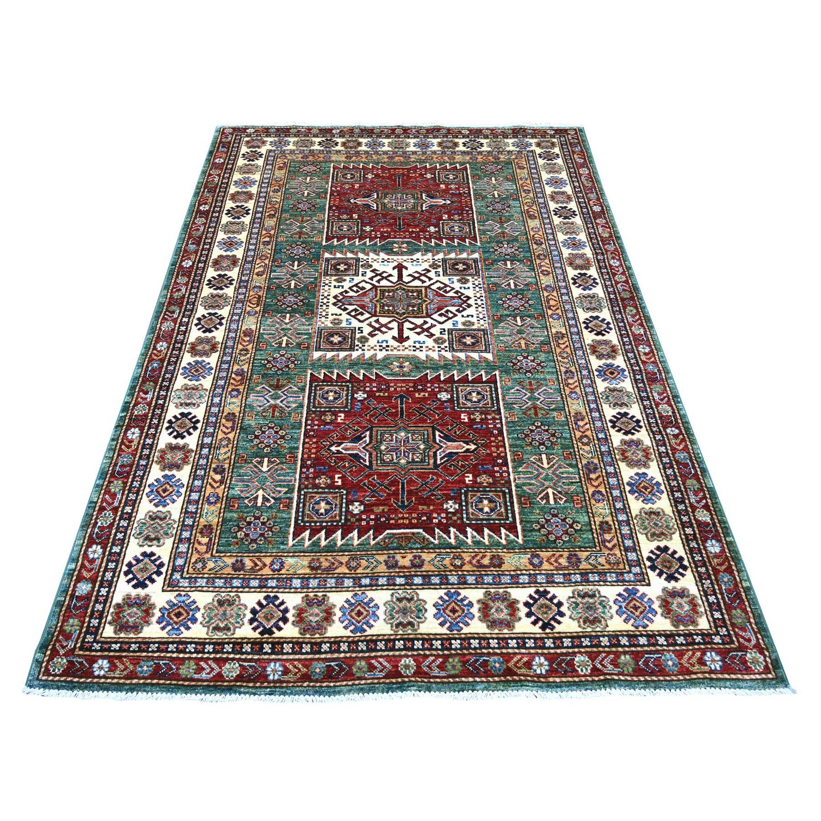 5’x7’2″ Green Afghan Super Kazak Medallions Design Hand Knotted Wool Rug 21299