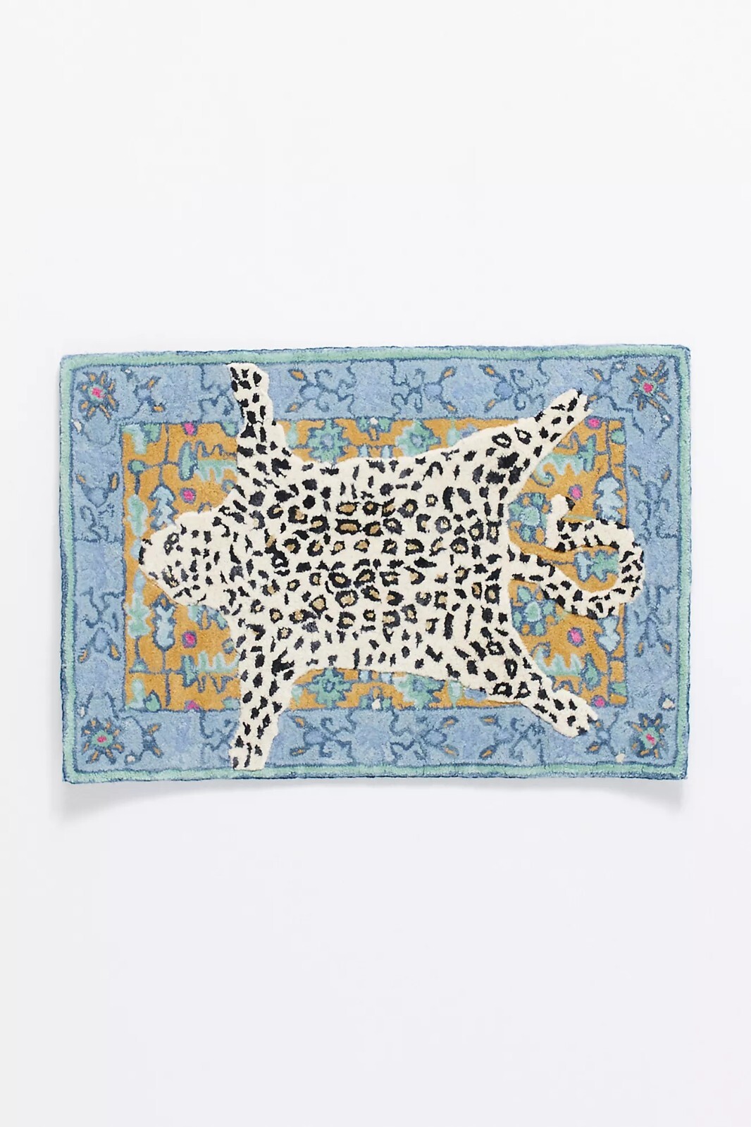 5×8 ft Leopard Octavia Tufted Wool Rug Animal Print Blue Border Boho Design