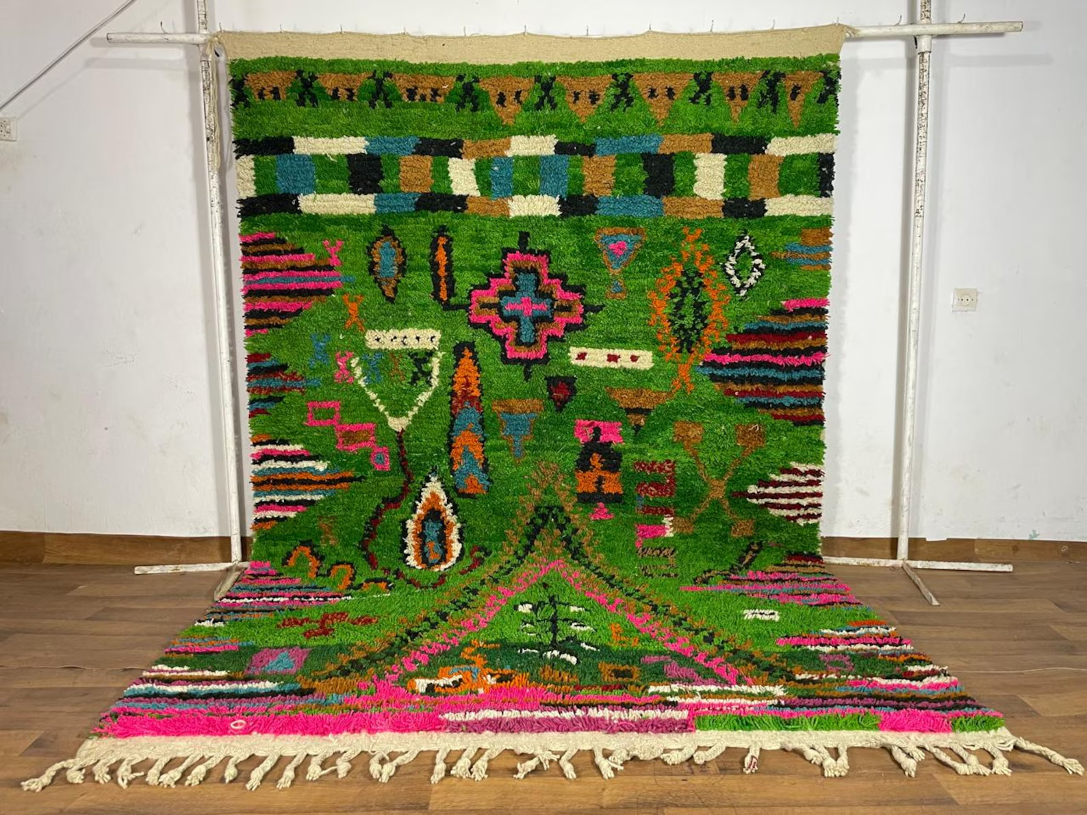 Moroccan Berber Rug Handmade – Green Wool Carpet, Bohemian Tribal Geometric 8×10