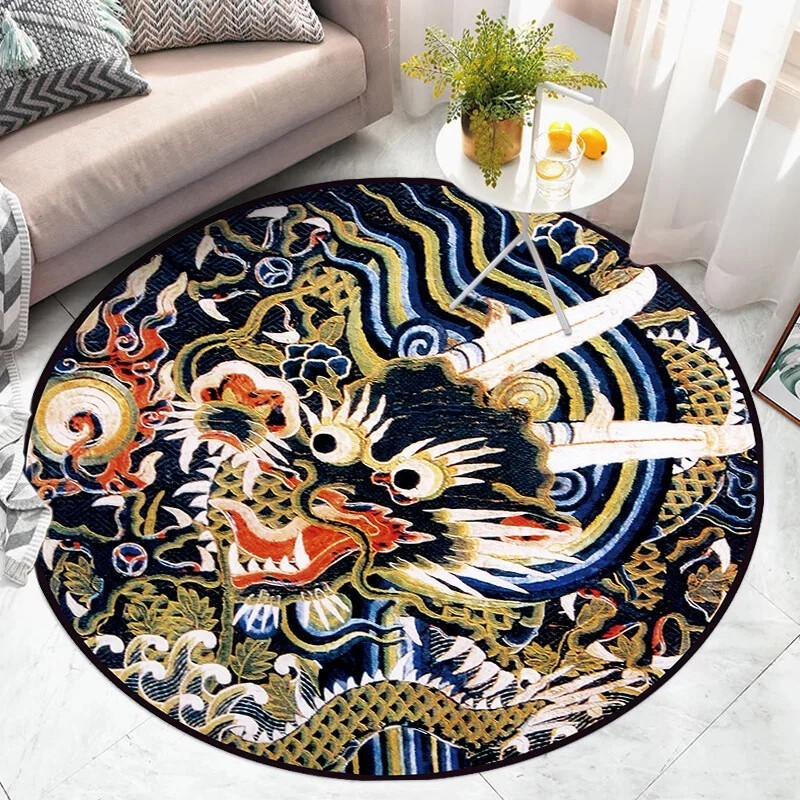 Retro Round Dragon Pattern Carpet Living Room Bedroom Non-Slip Floor Mat