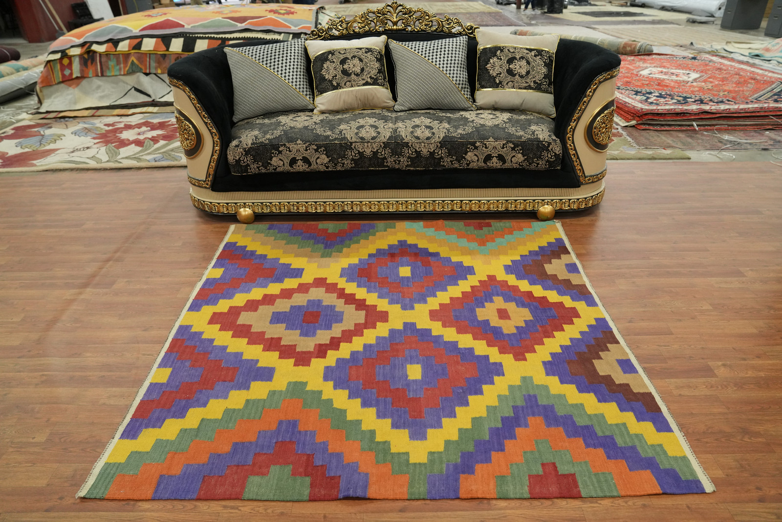 Pastel Color Hand-woven Geometric Wool Kilim Square Rug Reversible Carpet 6×6