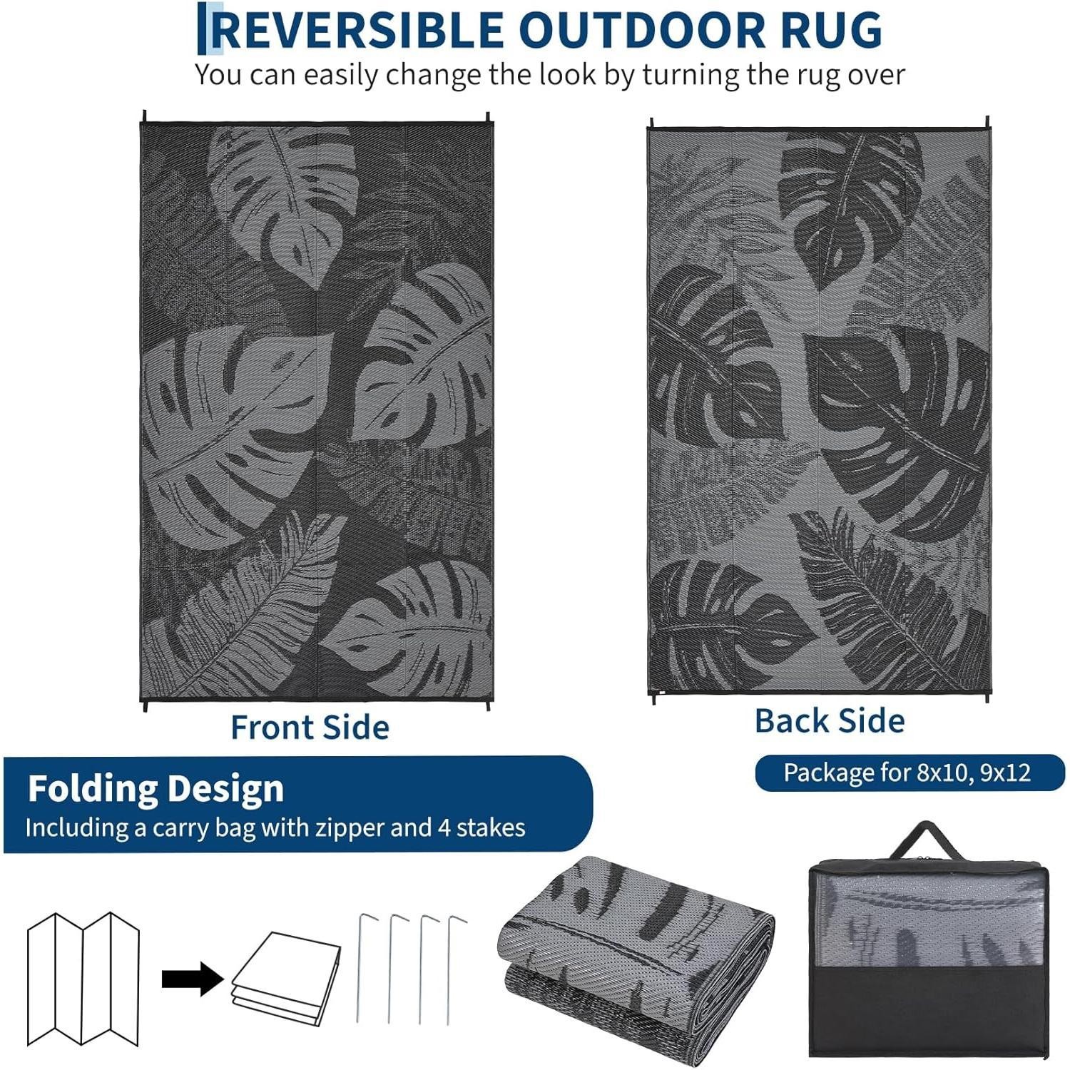 Outdoor Plastic Straw Rug Waterproof UV Resistant RV Camping Mat w/ Bag