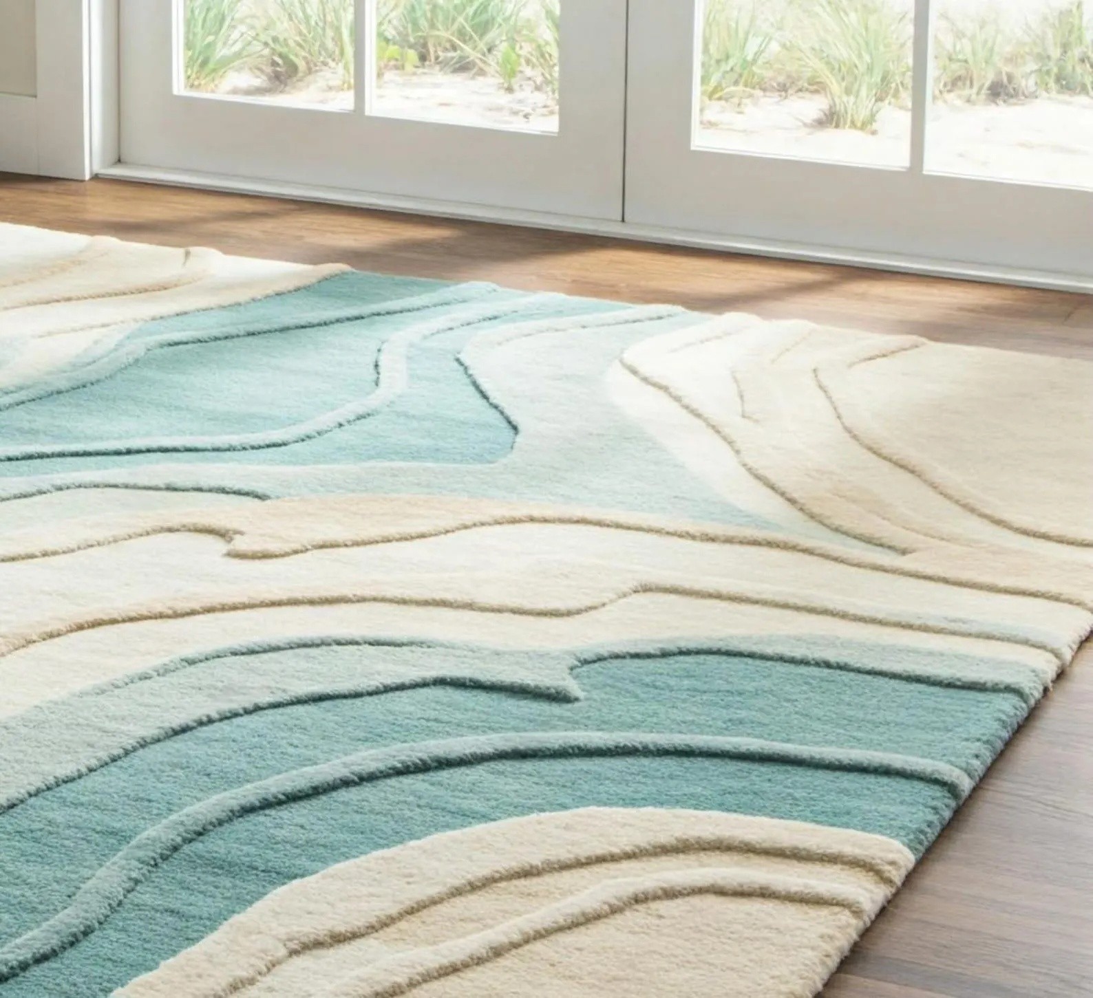 Coastal Modern Abstract Teal & Cream – Soft Tufted Ocean Wave Design Carpet Rug
