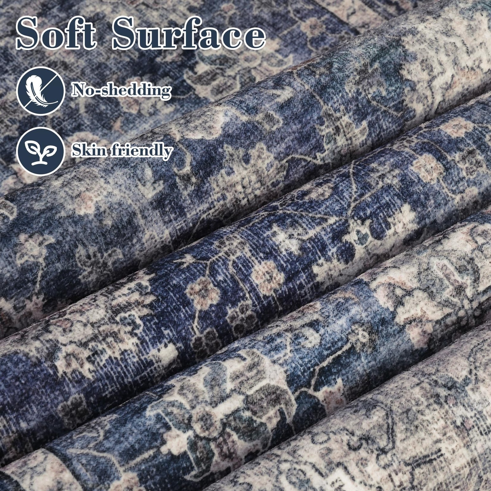 5×7 Vintage Floral Area Rug Washable Low Pile Non-Slip Rug for Living Room Blue
