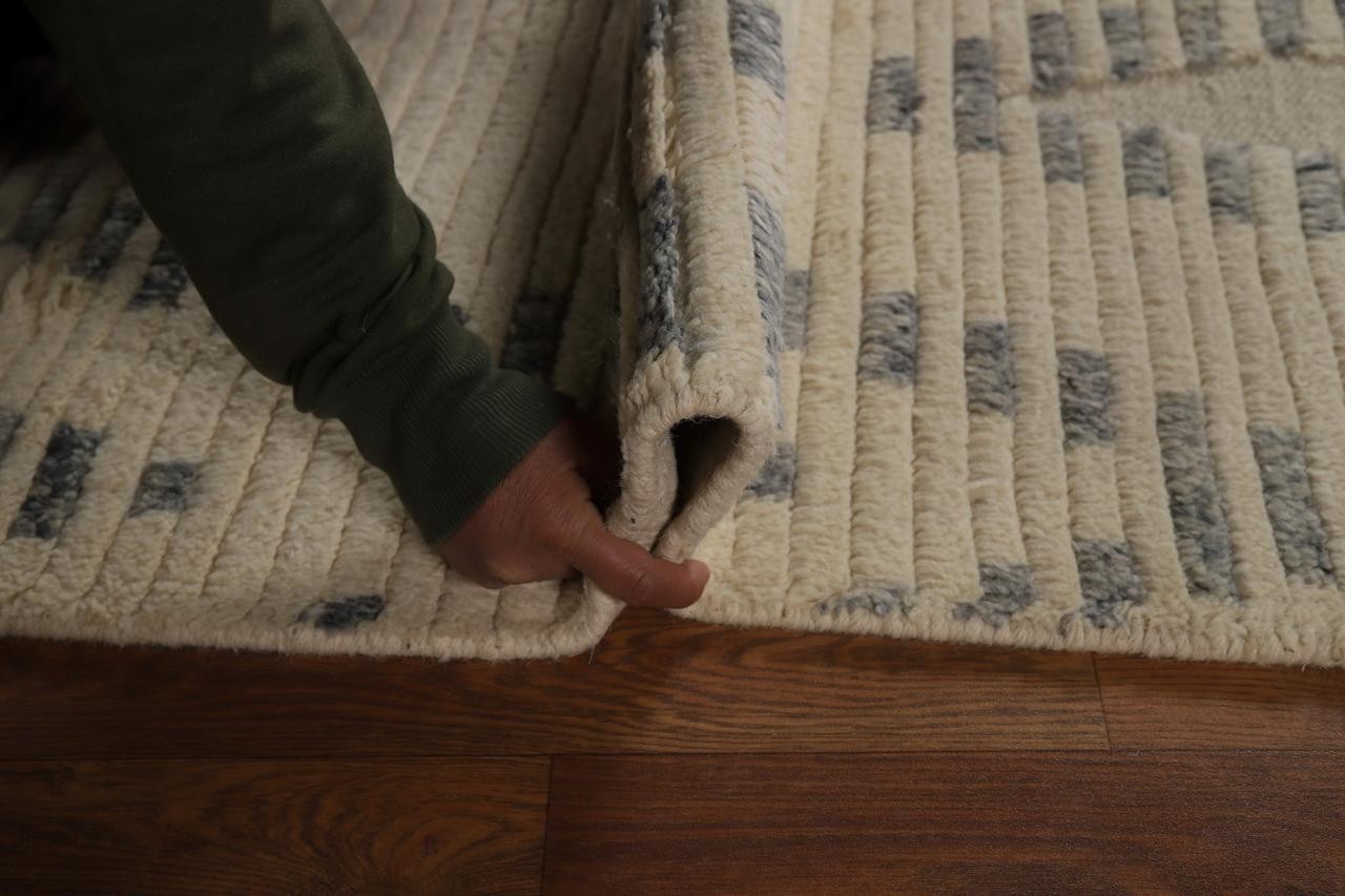 Striped Trellis Ivory 4×6 Hand-Knotted Wool Moroccan Oriental Area Rug