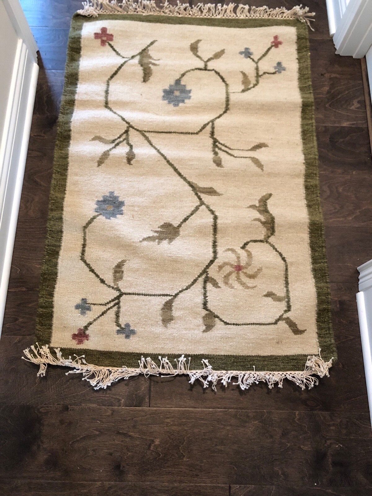 100% Wool Area Rug 45″x301/2″ Beige Green Blue Rust