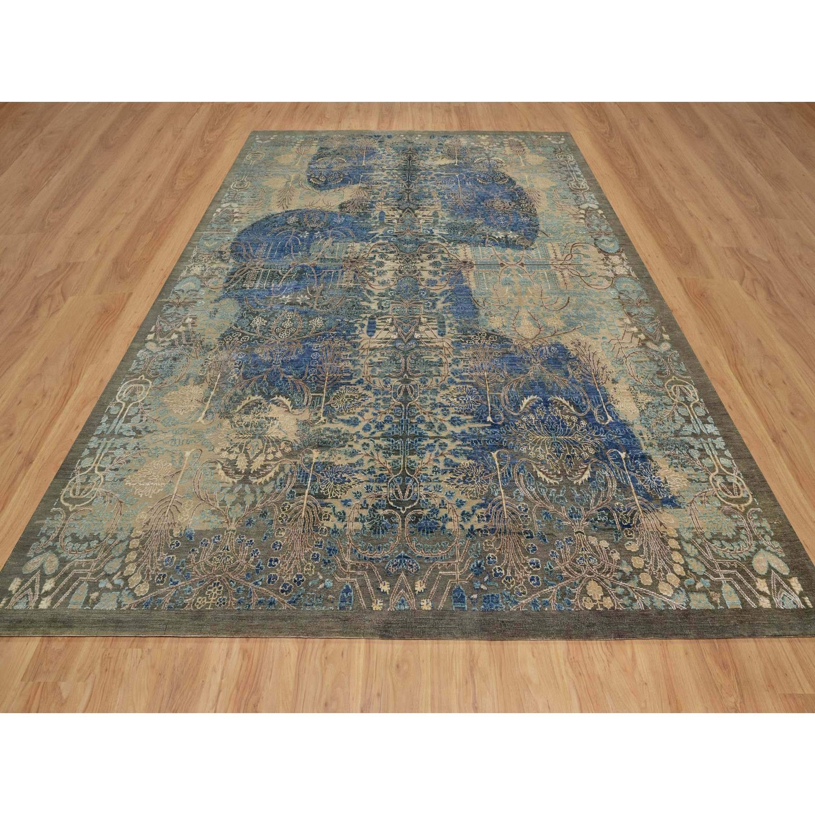 8’10″x12’1″ Brown Wool and Silk Erased Sarouk Design Hand Knotted Rug R91165