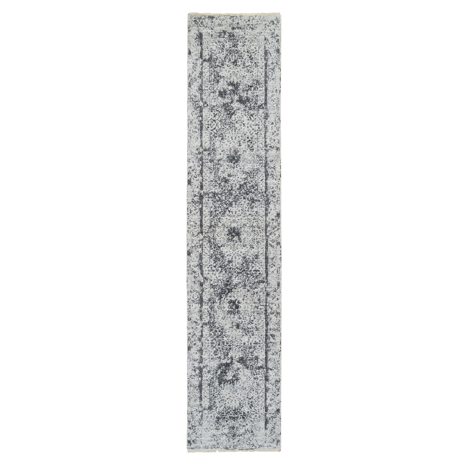 2’7″x12′ Gray Wool/Silk Hand Knotted Erased Zoroastrian Design Runner Rug R64837