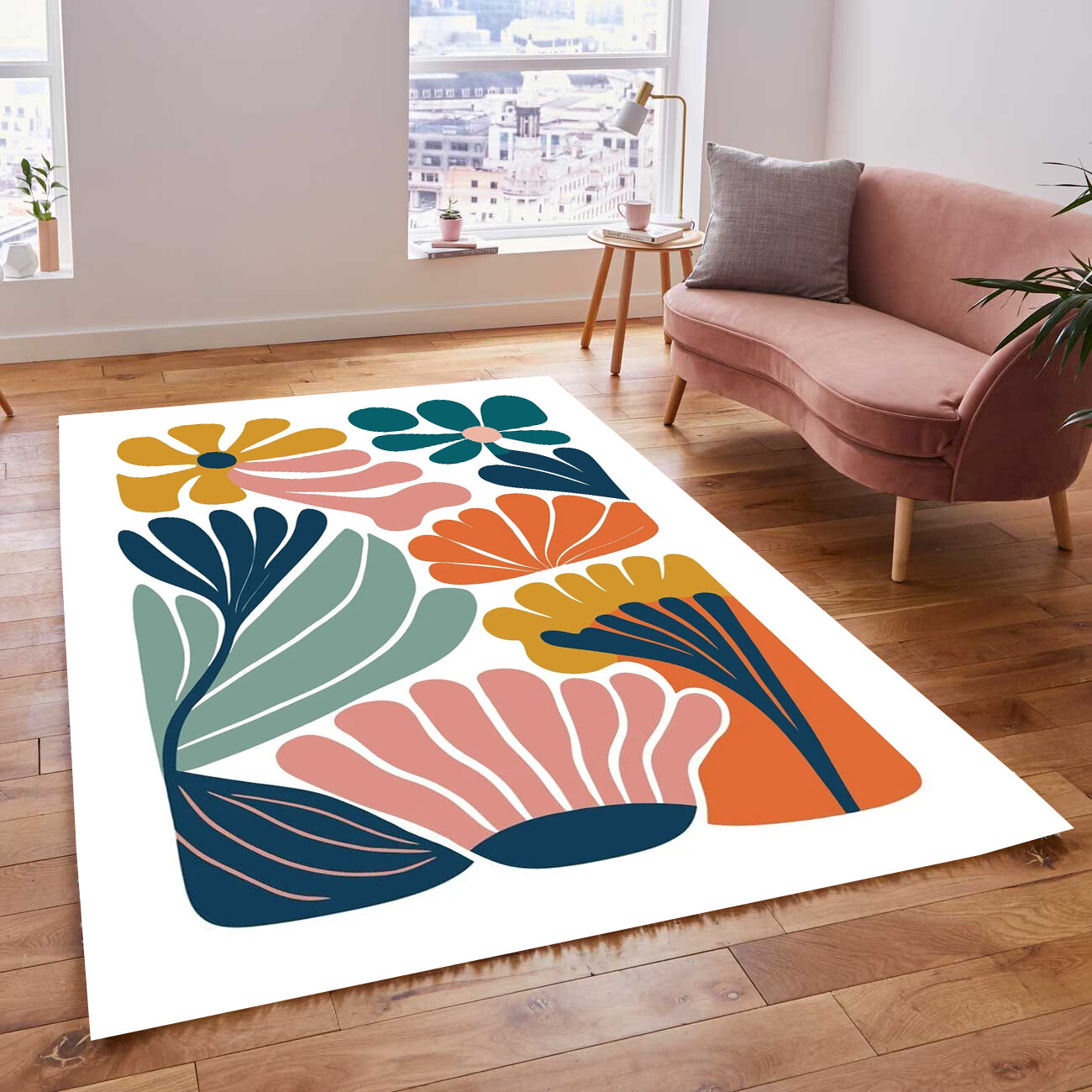 Modern Minimalist Abstract Area Rug Blue Orange Floral Boho Rug for Living Room