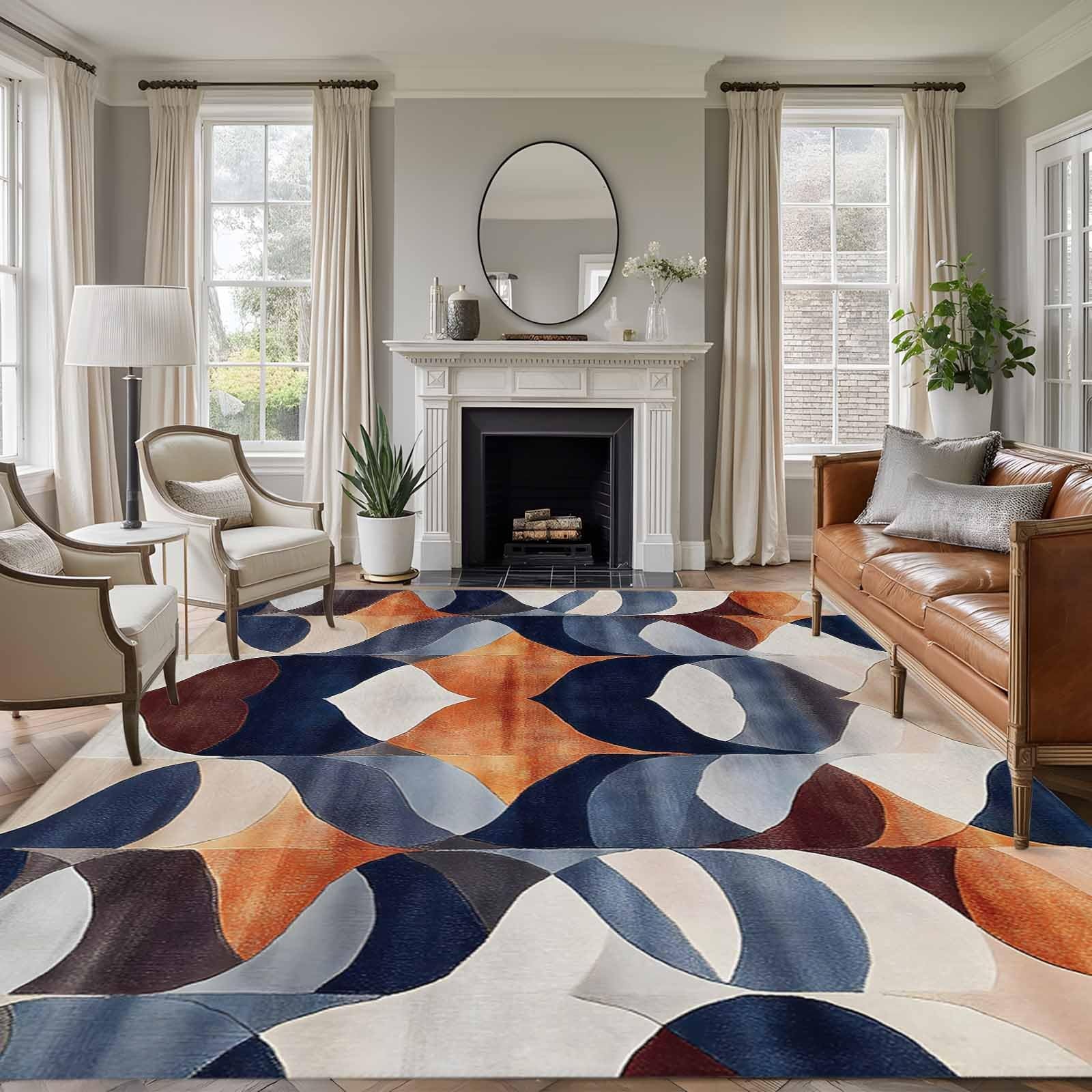 5×7 Area Rugs for Living Room, Navy Blue Burnt Orange Non Slip Washable Rug R…
