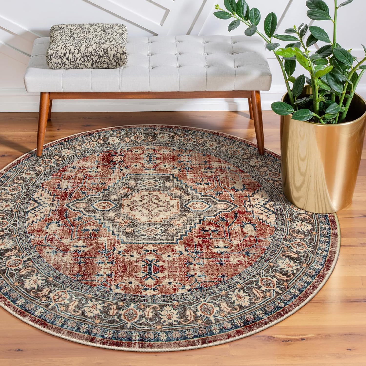 4Ft Round Oriental Rug Brick Red Washable Non-Slip Ultra-Soft Vintage Carpet
