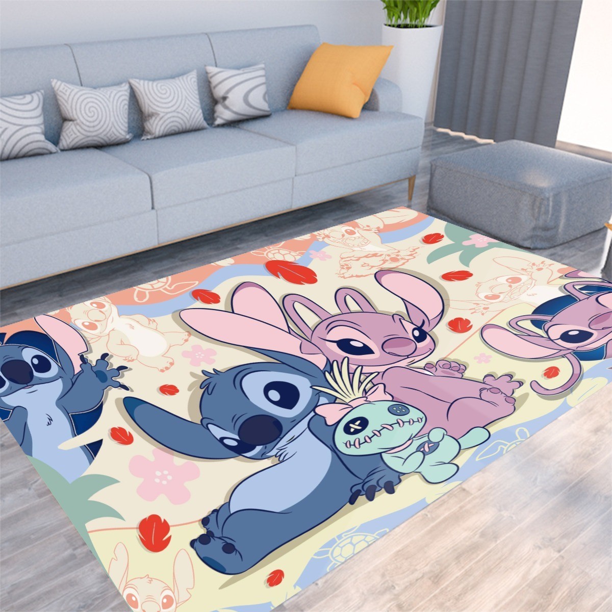 Stitch & Angel Couple Print Foldable Rectangular Floor Mat Rugs Anti-Skid Carpet