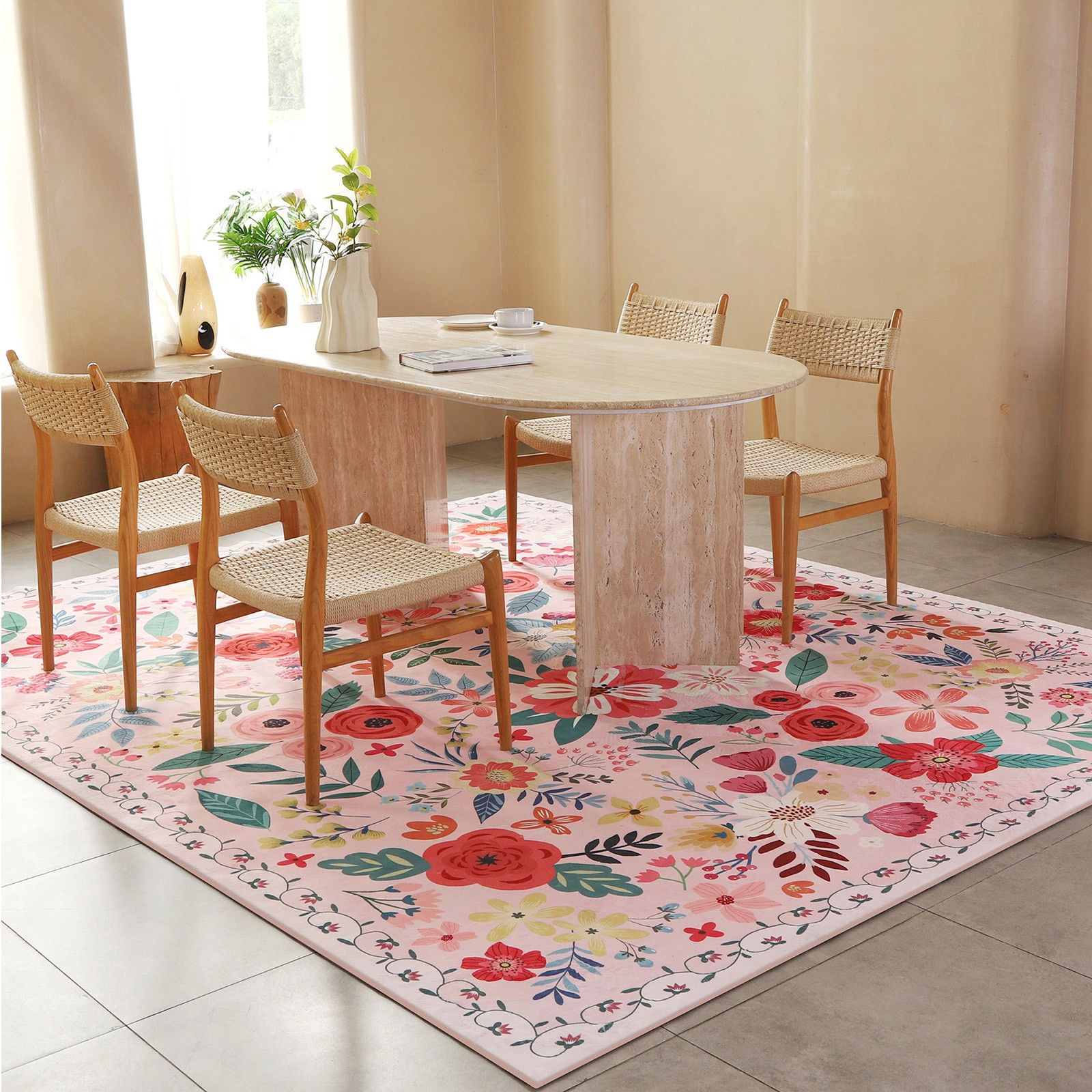 5x7FT Washable Area Rug, Non-Slip Modern Floral Carpet, Living Room Floor Mat