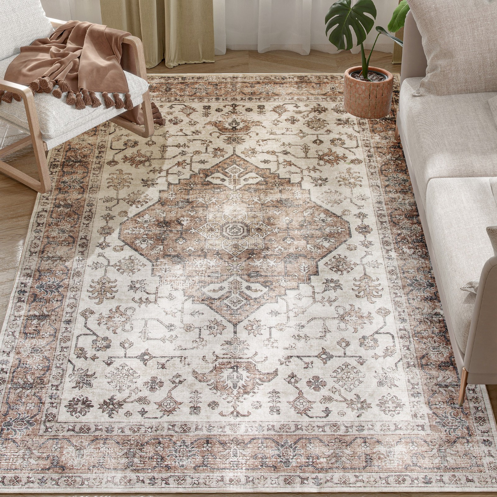 5×7 Area Rug, Vintage Machine Washable Rug for Living Room, Tan