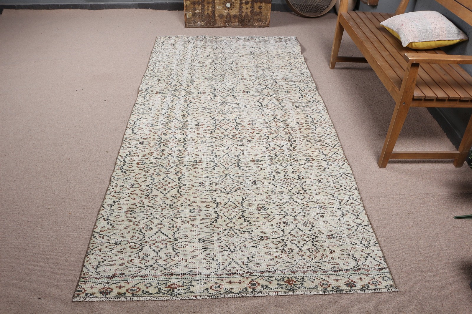 4,1×8,5 ft Vintage Area Rug, White Brown Turkish Floral Wool Rug