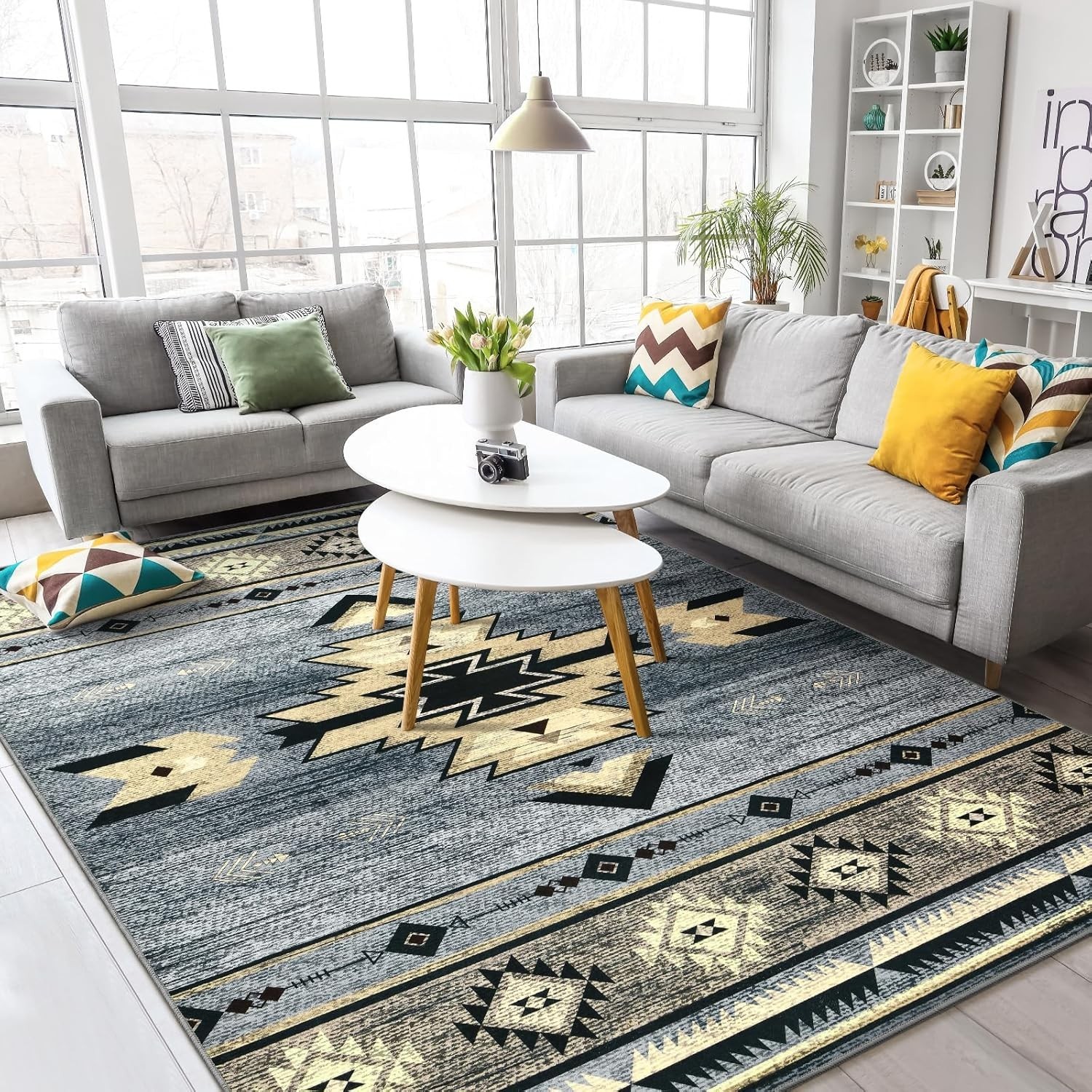 Southwest Style Area Rug, Non Slip Grey Rug 5ft x 7ft