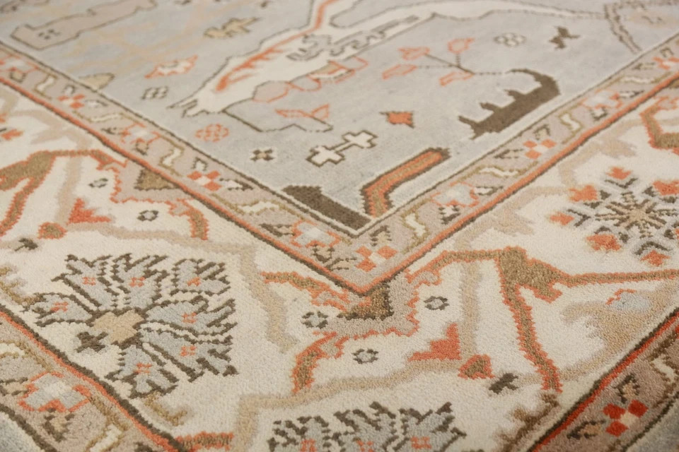 Hand Knotted Oushak Rug Wool Area Rug Muted Gray Blue Cream Rust 8×10 9×12