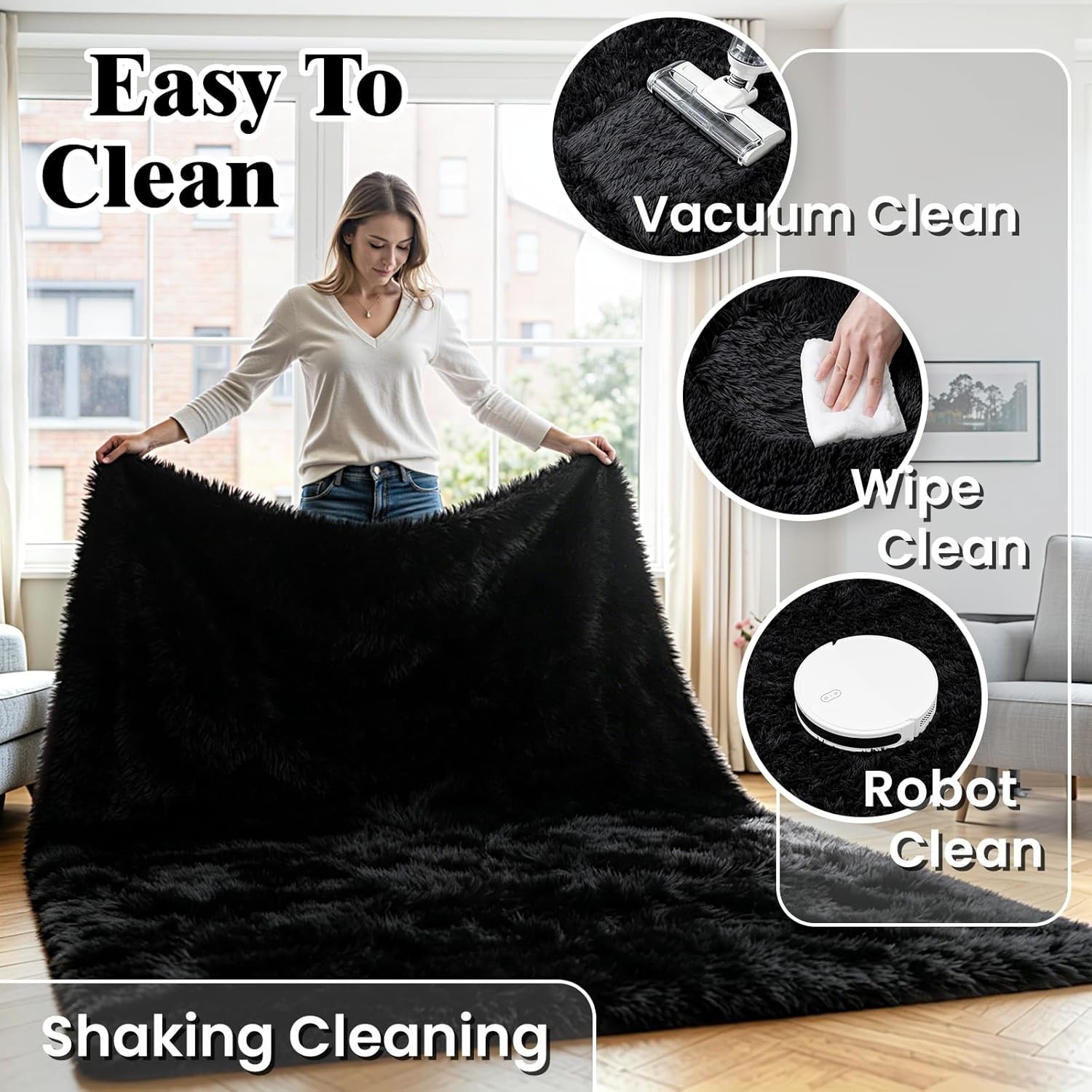 Fluffy Area Rug 8×10 Large Ultra Soft Plush Shag Black Mat for Living Room Floor
