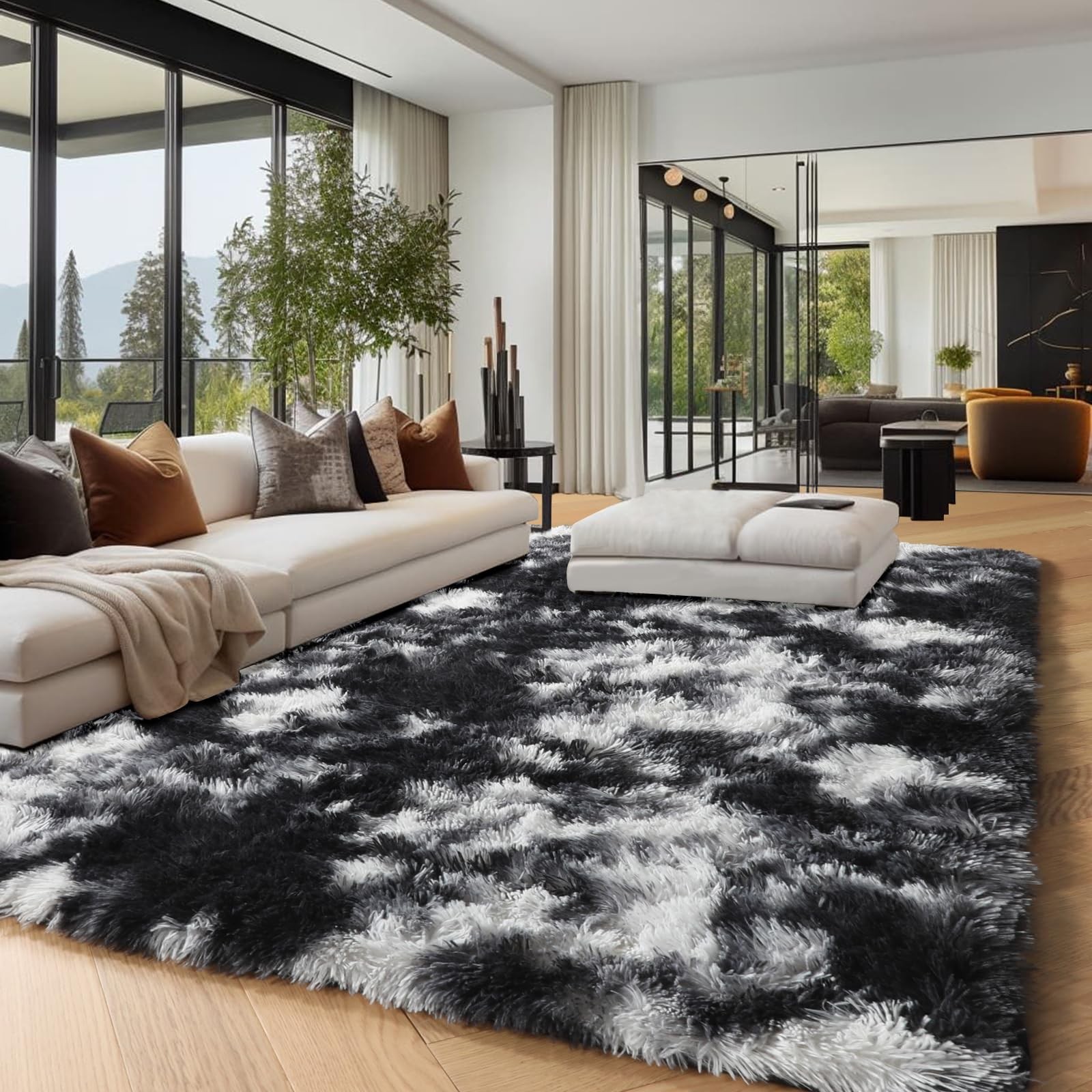 PAGISOFE Black White Grey Bedroom Rug 4×6 Ft, Soft Fluffy Fuzzy Plush Indoor Flo