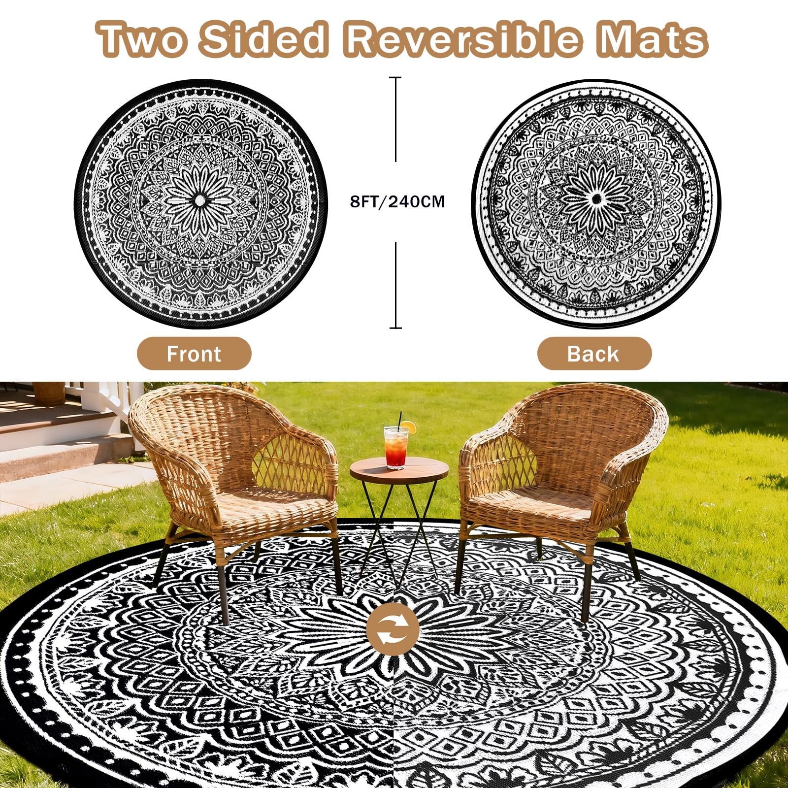 Round Outdoor Rug 8Ft for Patio Waterproof, Outdoor Reversible Mat, Portable …