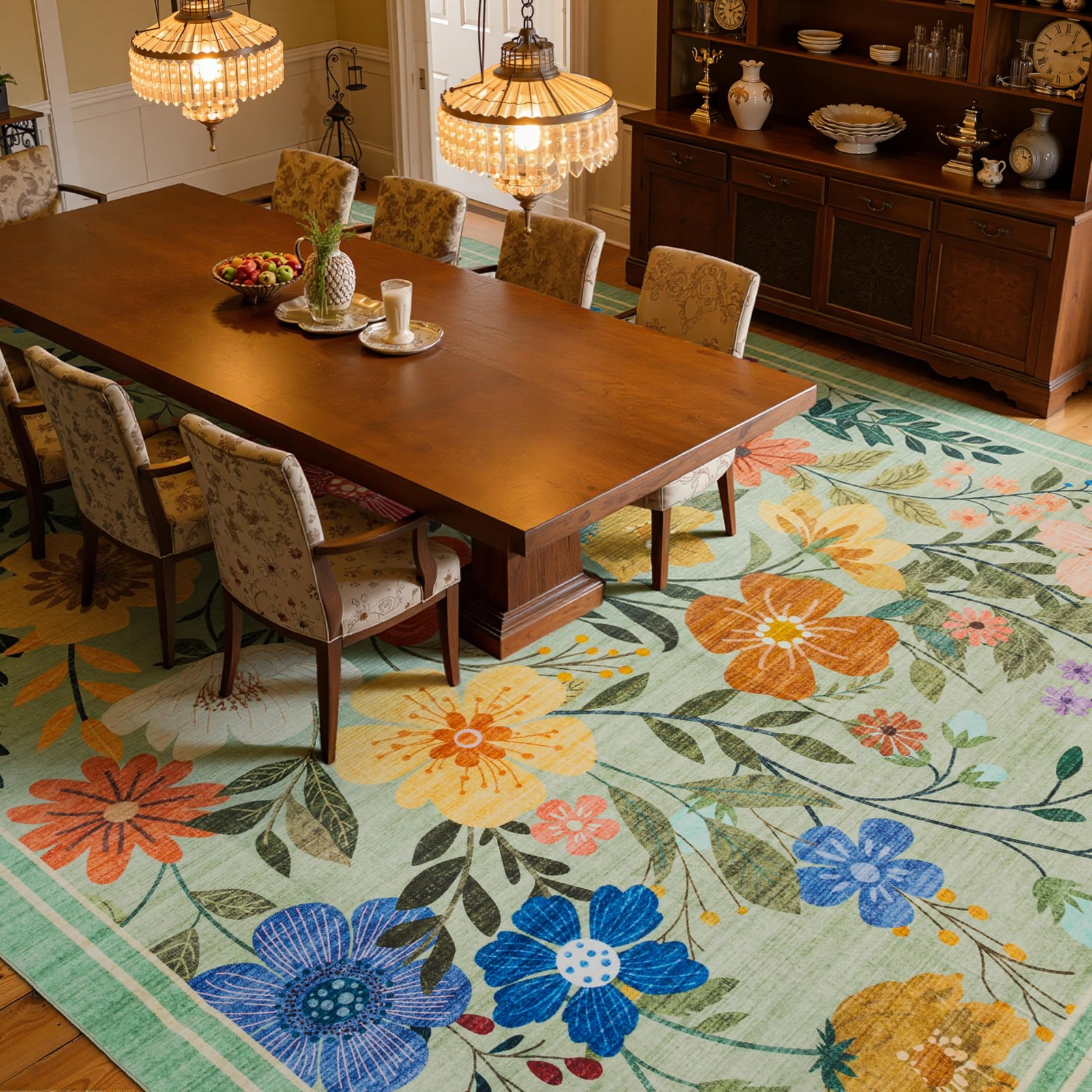 Area Rug 8’×10′ Floral Low-pile Non-Slip Wear-Resistant – Kids & Pets Friendly