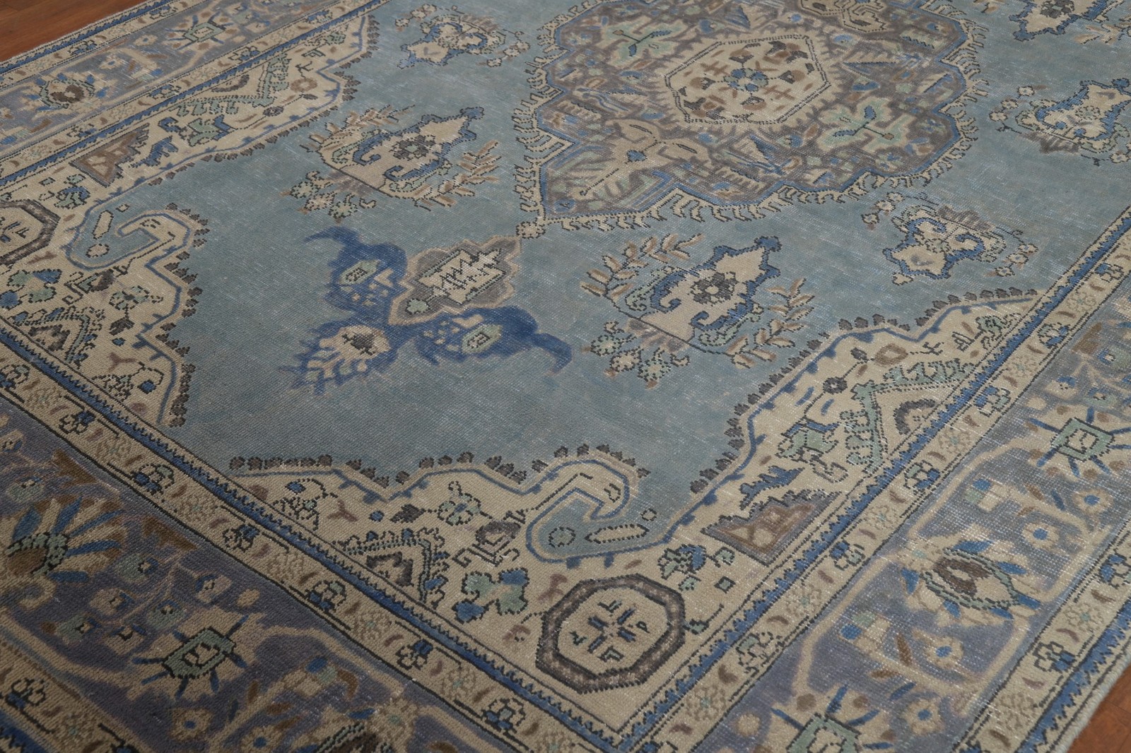 Blue Living Room Area Rug 7×10 Wool Handmade Over-Dyed Classic Vintage Carpet