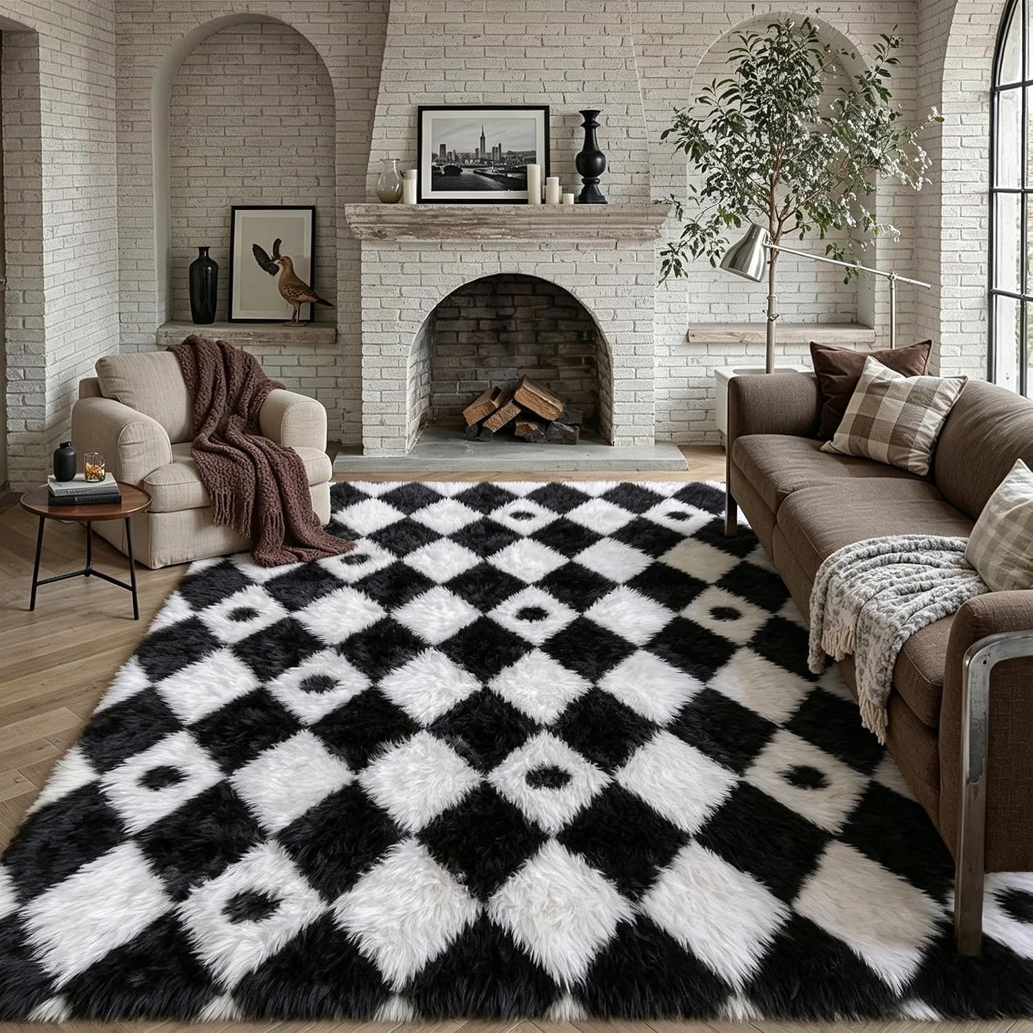 Checkered Rug 6X9 Living Room Black White Modern Shag Rug Washable Large