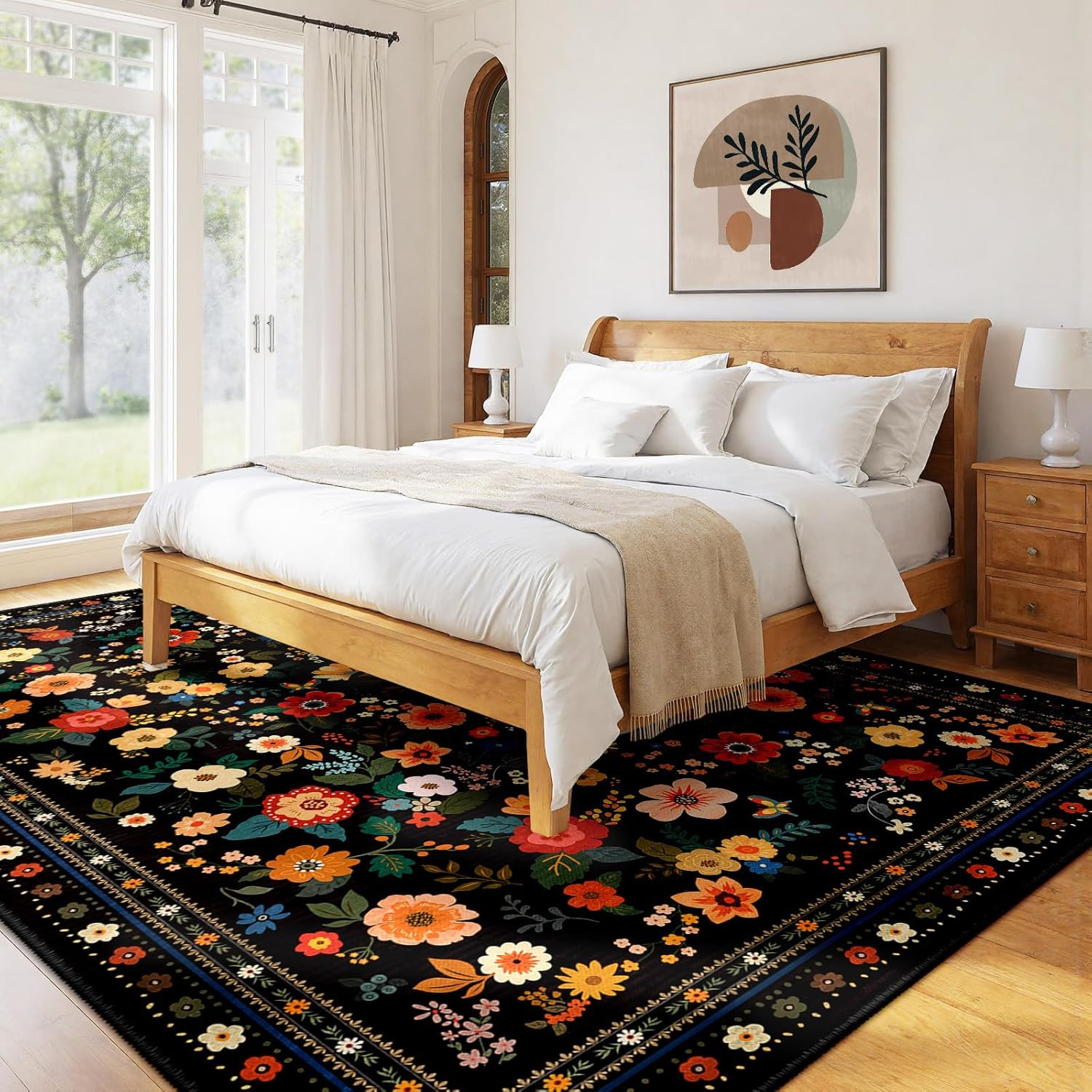 Floral 8×10 Area Rug – Machine Washable, Non-Slip, Vacuum-Friendly, Black