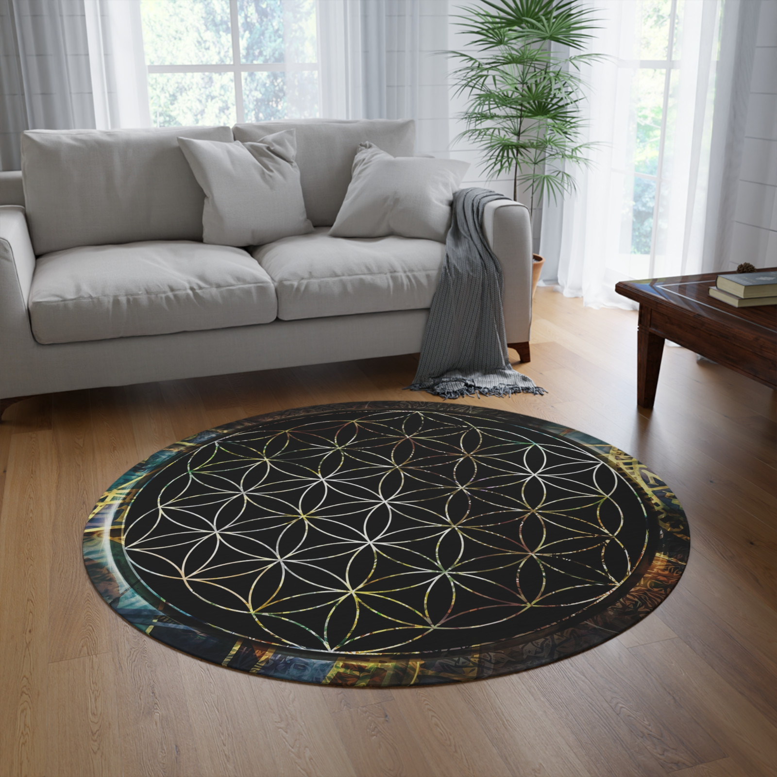 Sacred Geometry Area Rug flower of life Rug spiritual Rug black Floor Rug large