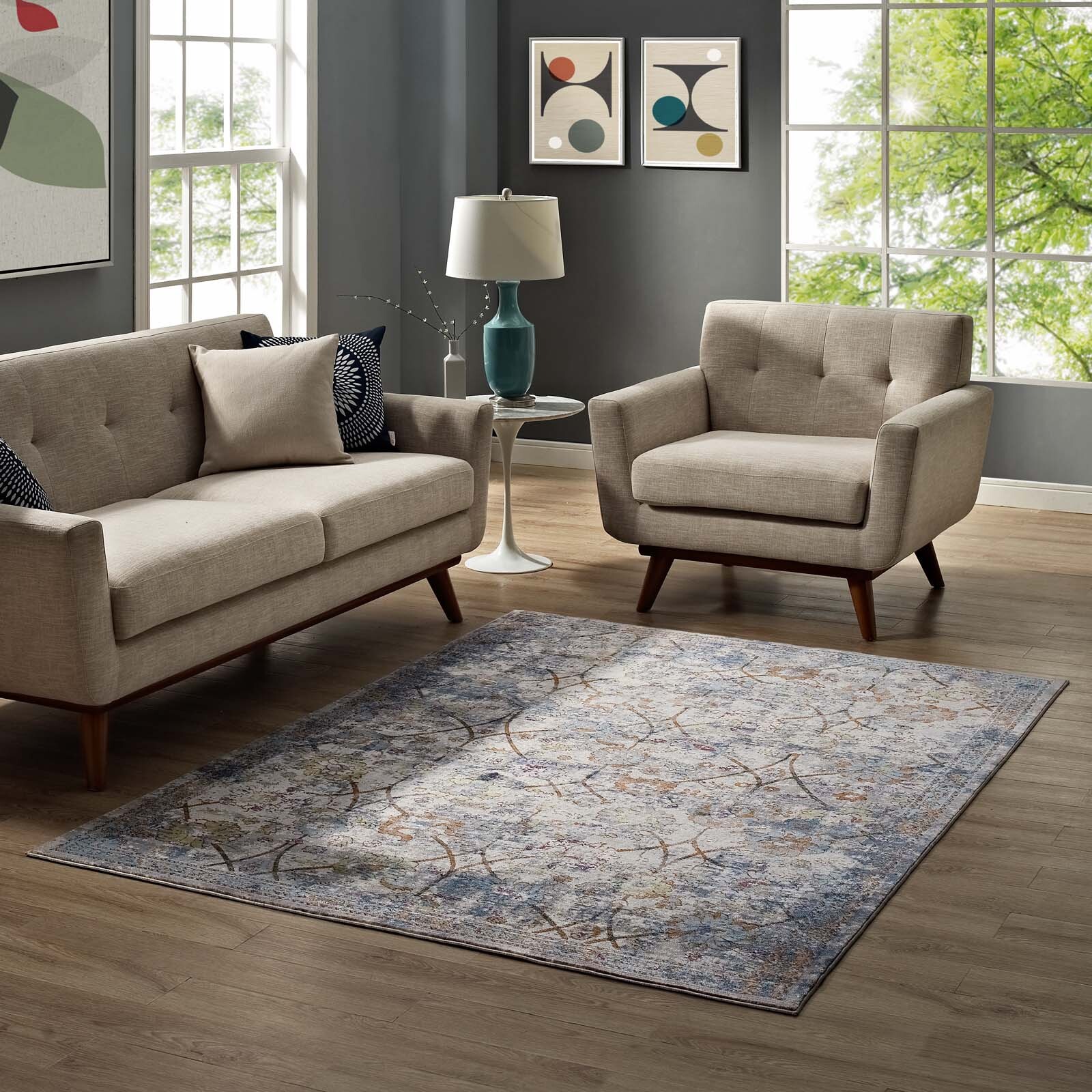 Modway Distressed Floral Lattice 4×6 Area Rug in Light Blue, Yellow and Orange