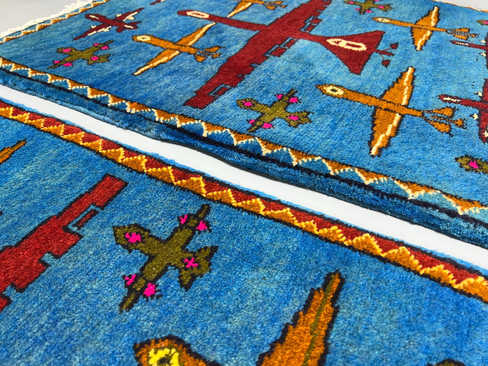 2×2 Set of 2 Afghan War Rugs Handmade Wool Blue Military Airplane Tribal Carpets