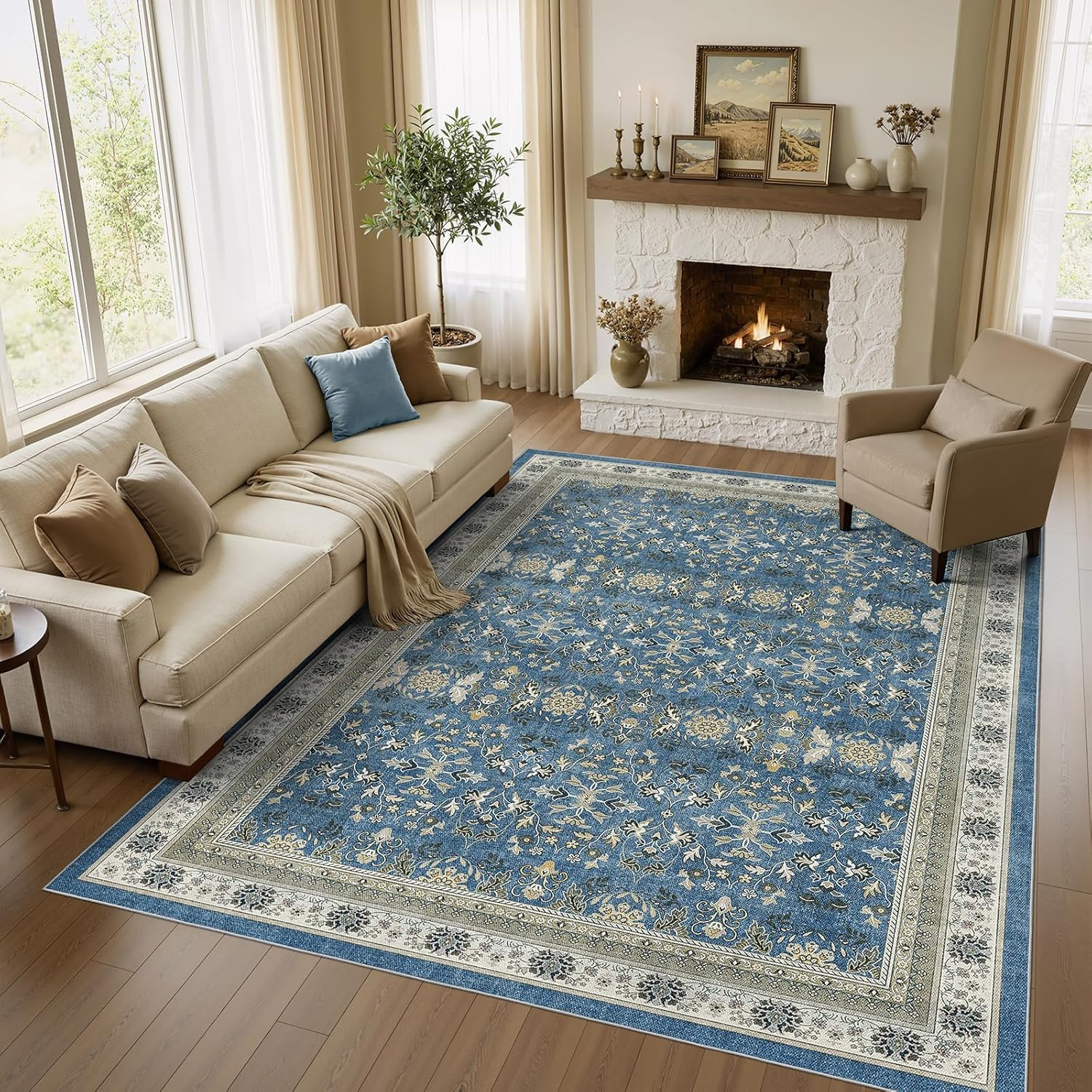 Blue 10×12 Vintage Washable Rug – Soft Boho Distressed for Any Room